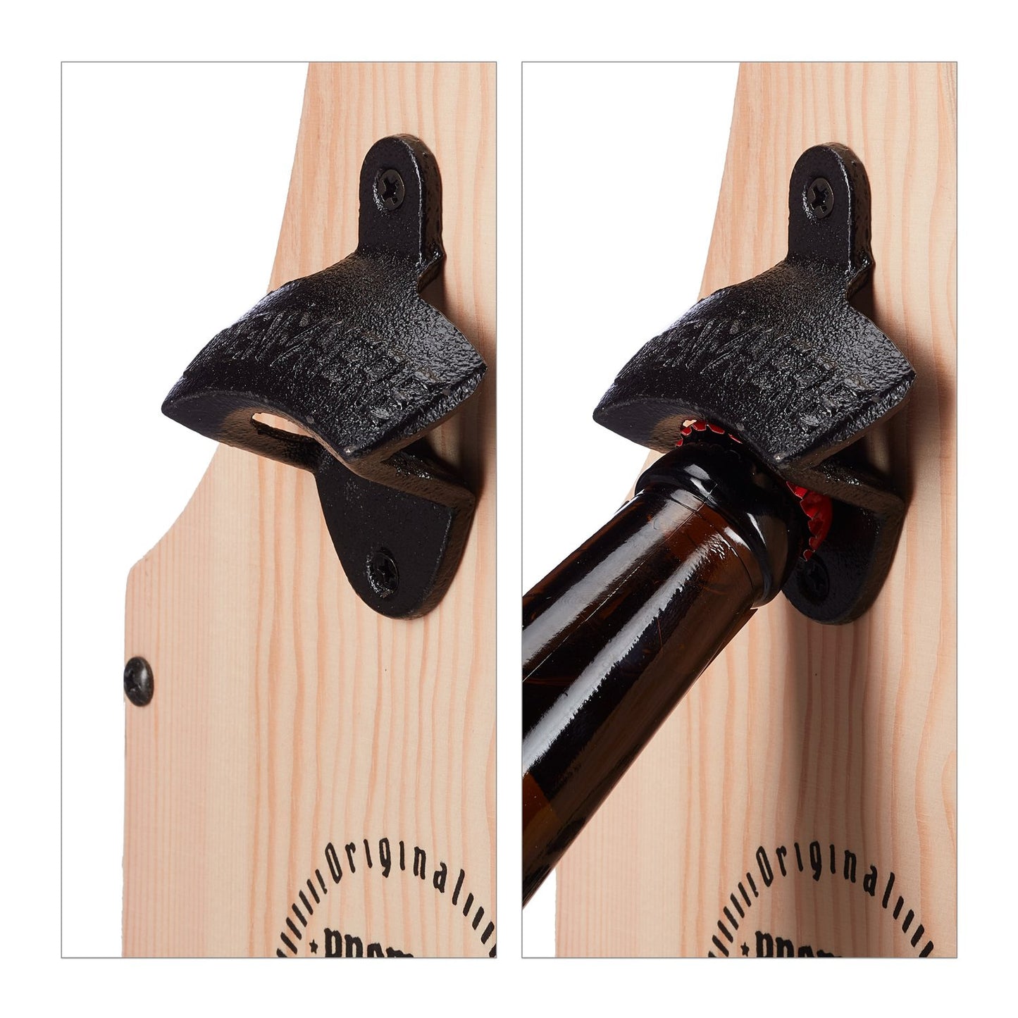 Wooden beer holder with bottle opener