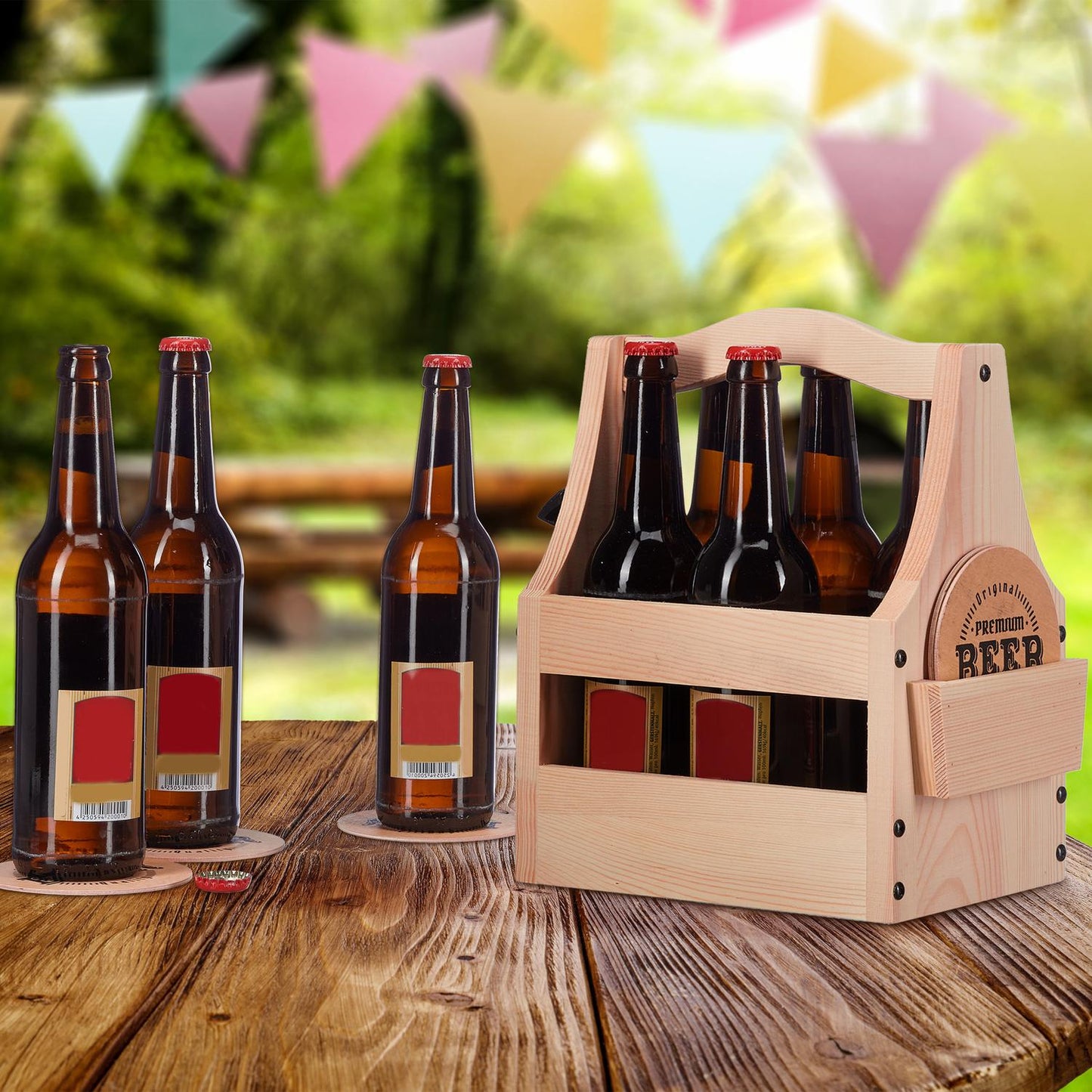 Wooden beer holder with bottle opener