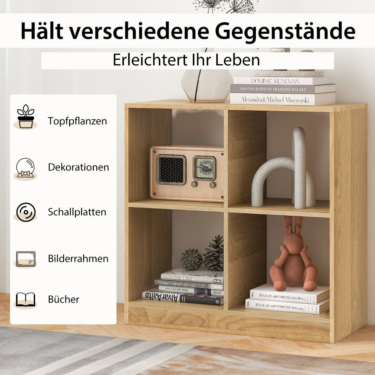 Wooden bookcase with 4 compartments cube shelf & anti-tip 73 x 33 x 73 cm natural