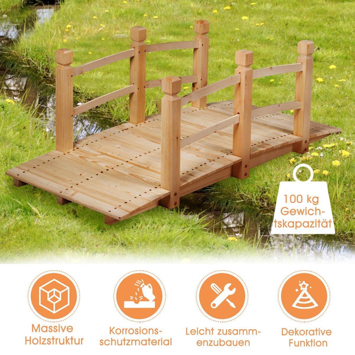 Wooden bridge pond bridge bridge garden bridge wooden footbridge with railing 150cm natural