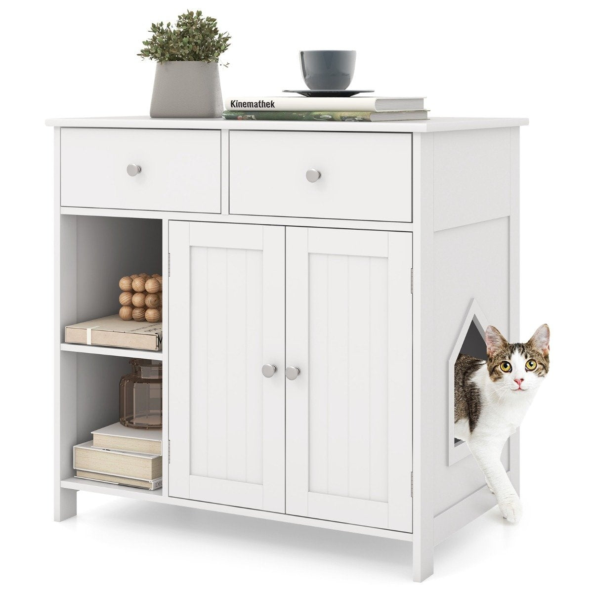 Wooden cat cabinet with 2 drawers & double doors & open compartments cat toilet