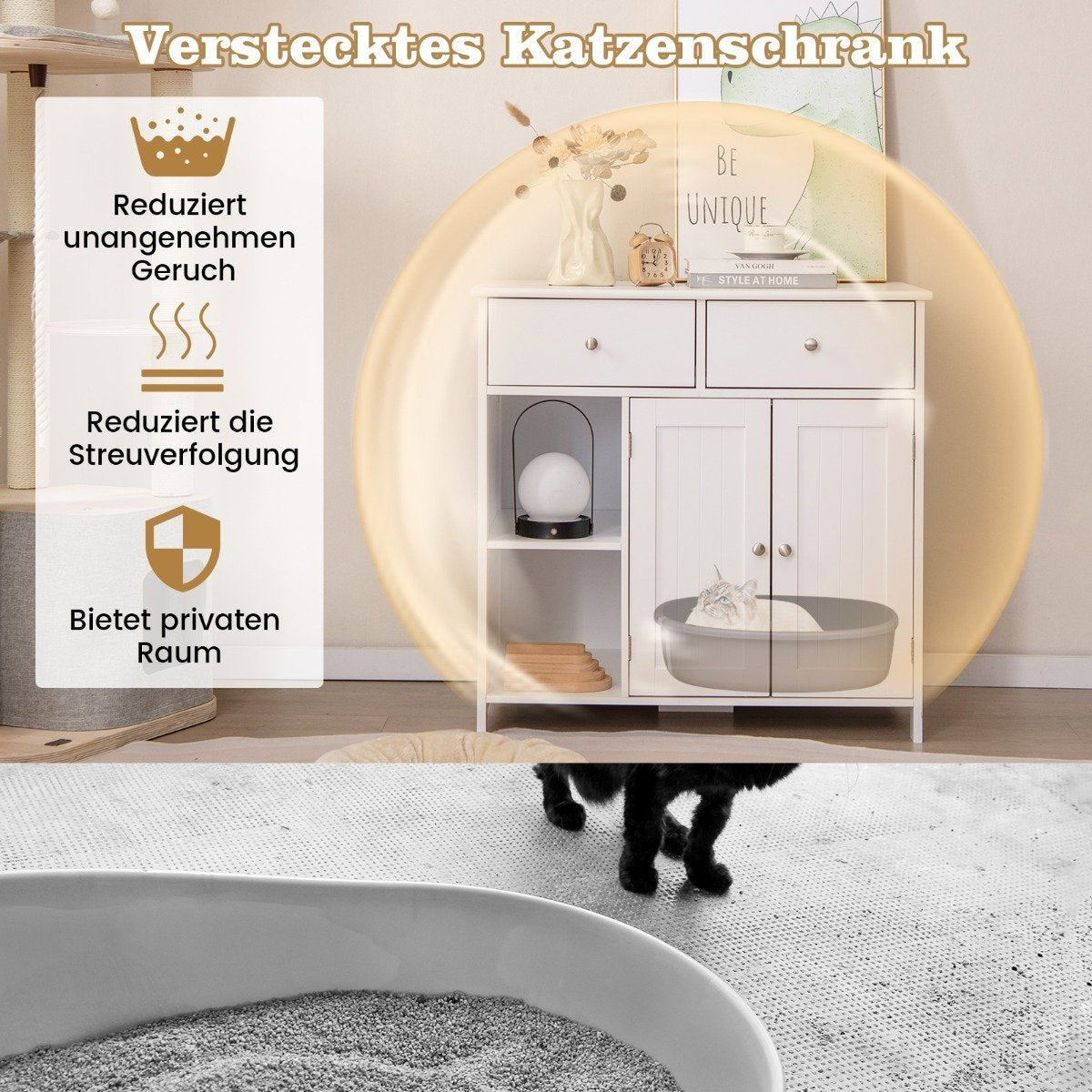 Wooden cat cabinet with 2 drawers & double doors & open compartments cat toilet