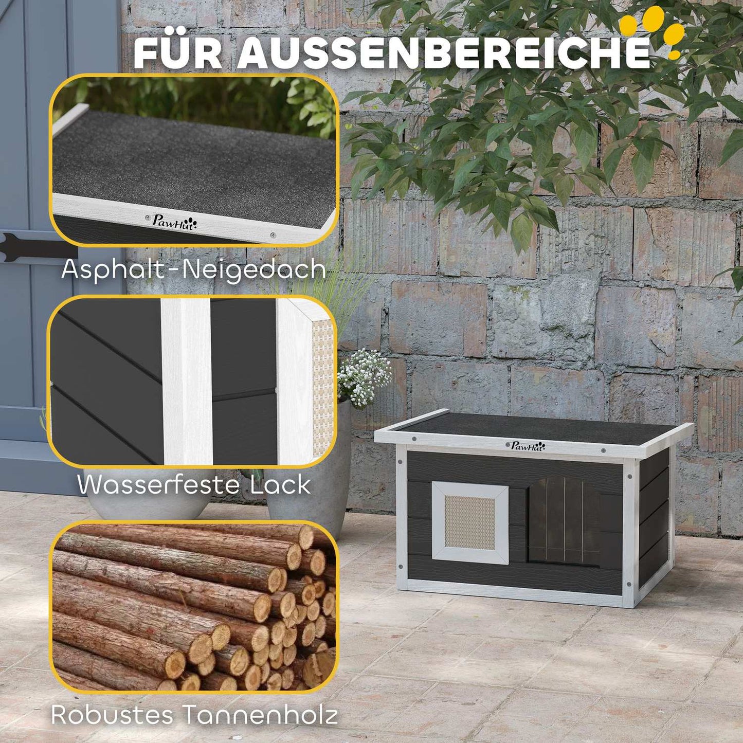 Weatherproof gray wooden cat house with scratching mat