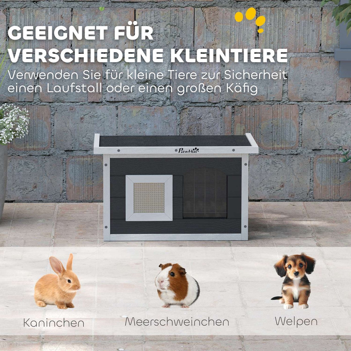 Weatherproof gray wooden cat house with scratching mat