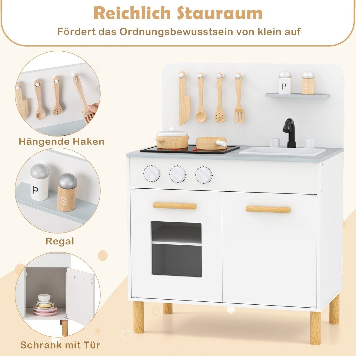 Wooden children's kitchen with 10 accessories Play kitchen with light & sound Toy kitchen for children aged 2 and over