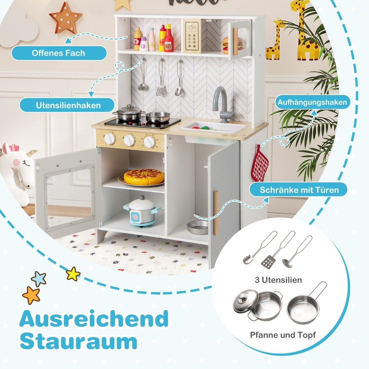 Wooden children's kitchen with microwave & stove & sink & oven play kitchen children's kitchen white