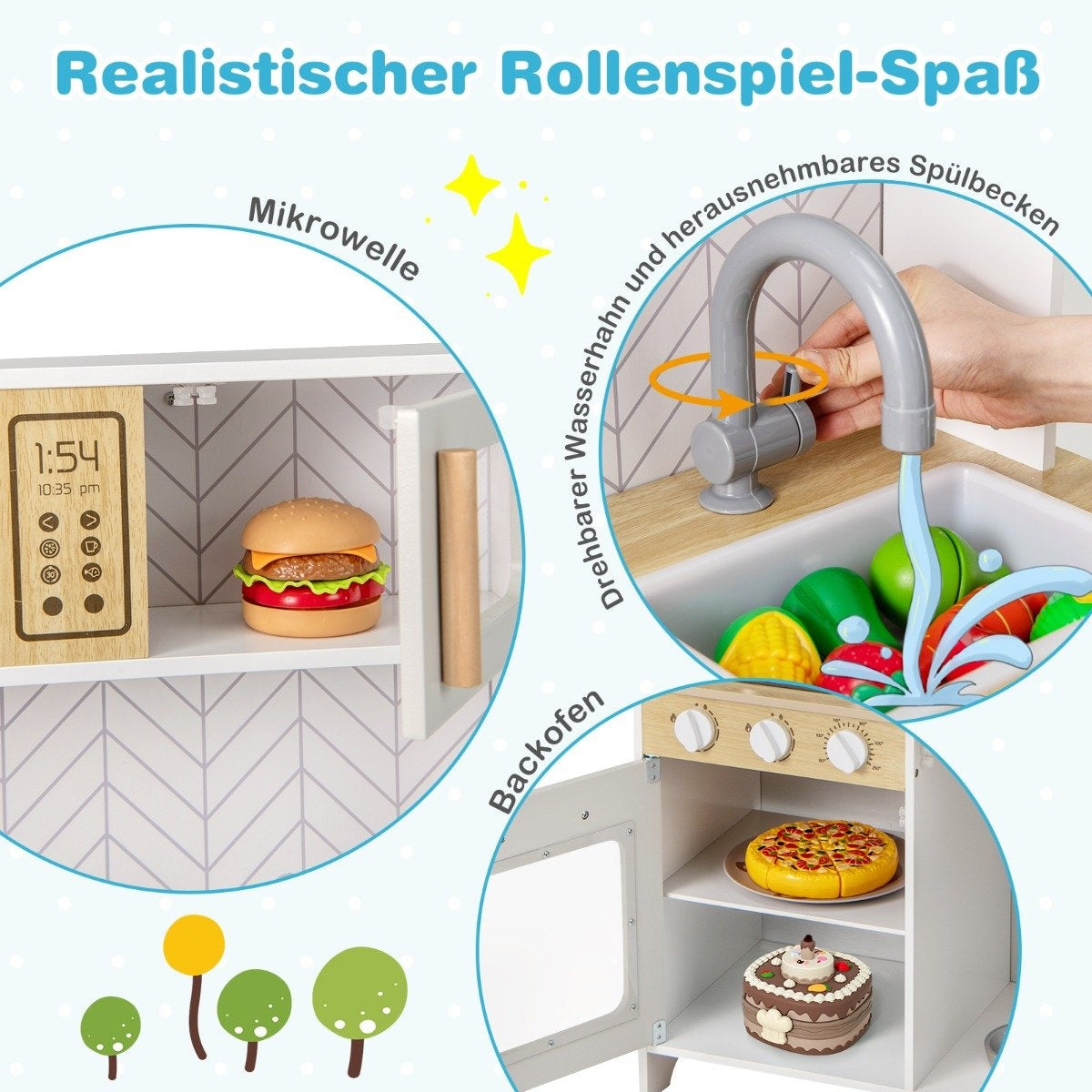 Wooden children's kitchen with microwave & stove & sink & oven play kitchen children's kitchen white
