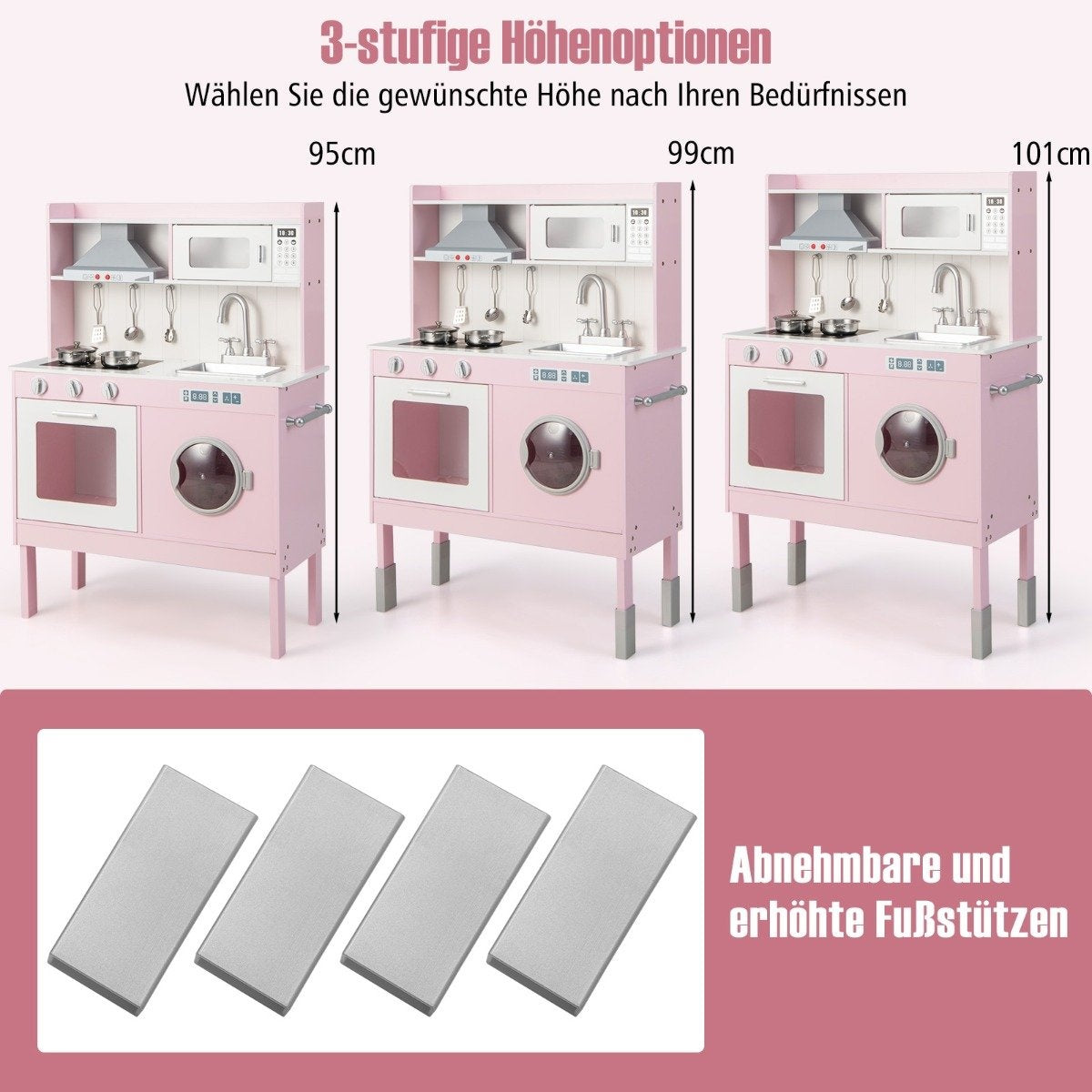 Wooden children's kitchen with play accessories & sounds & lights pink