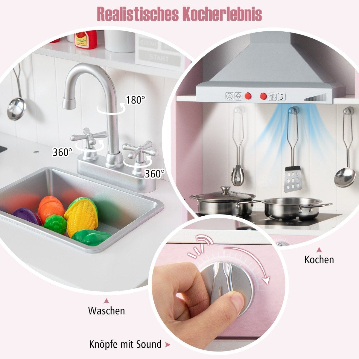 Wooden children's kitchen with play accessories & sounds & lights pink