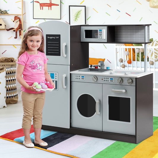 Wooden children's play kitchen with sink and tap & stove with clicking sounds