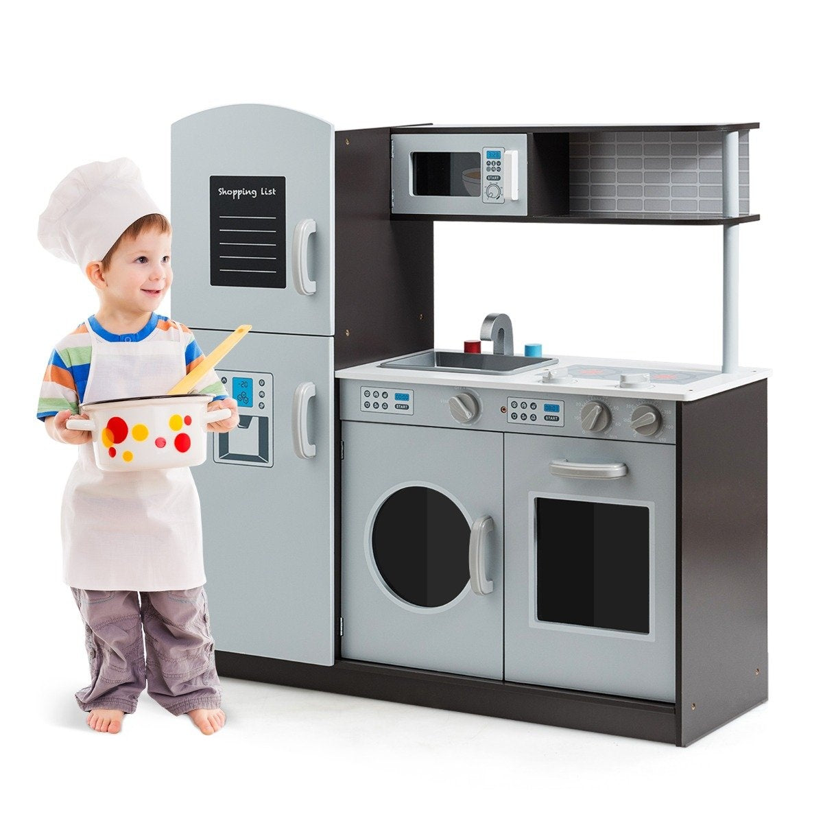 Wooden children's play kitchen with sink and tap & stove with clicking sounds