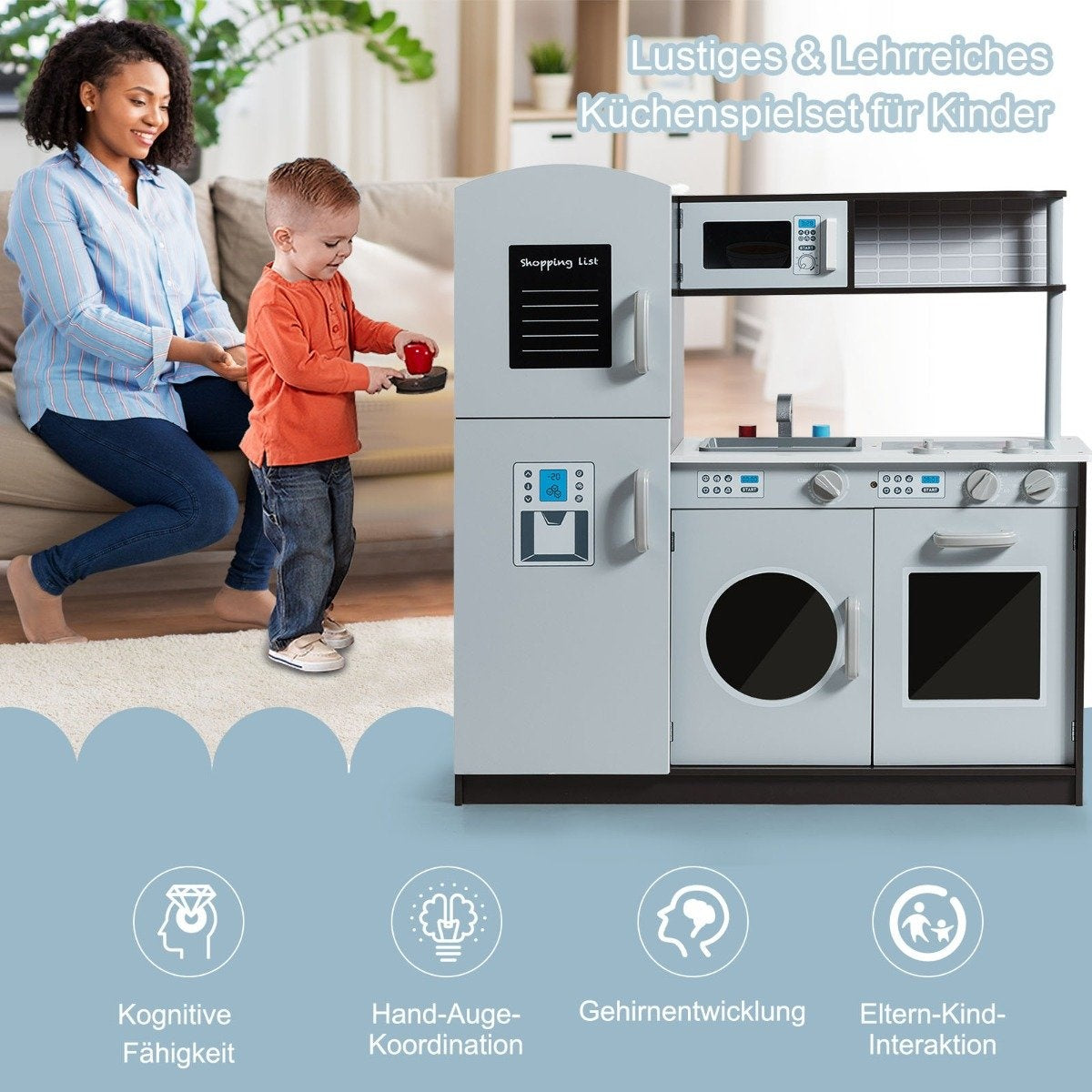 Wooden children's play kitchen with sink and tap & stove with clicking sounds