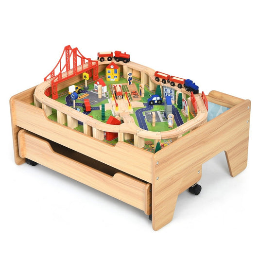 Wooden children's railway train wooden train set activity table with drawer 78 x 63 x 33 cm natural