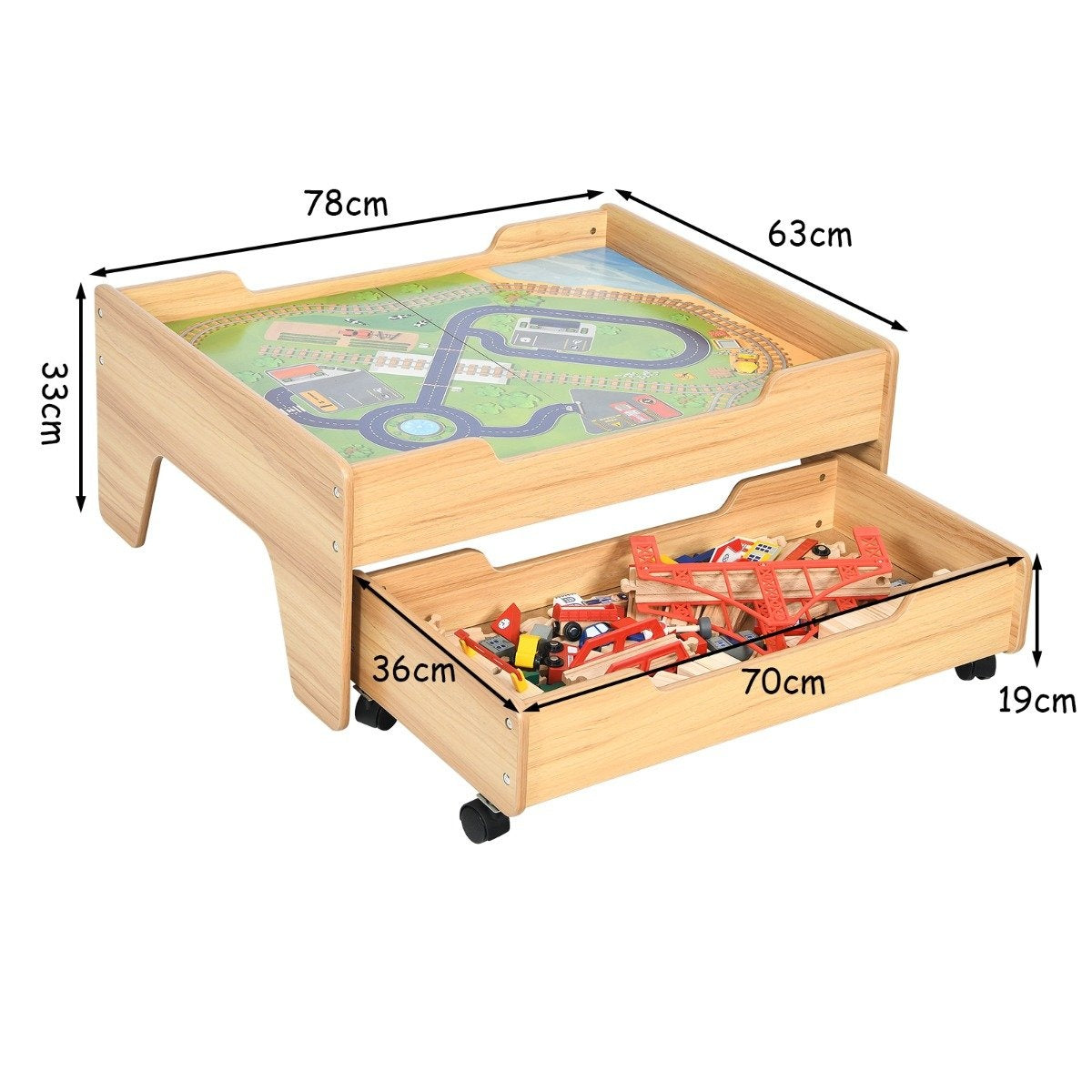 Wooden children's railway train wooden train set activity table with drawer 78 x 63 x 33 cm natural