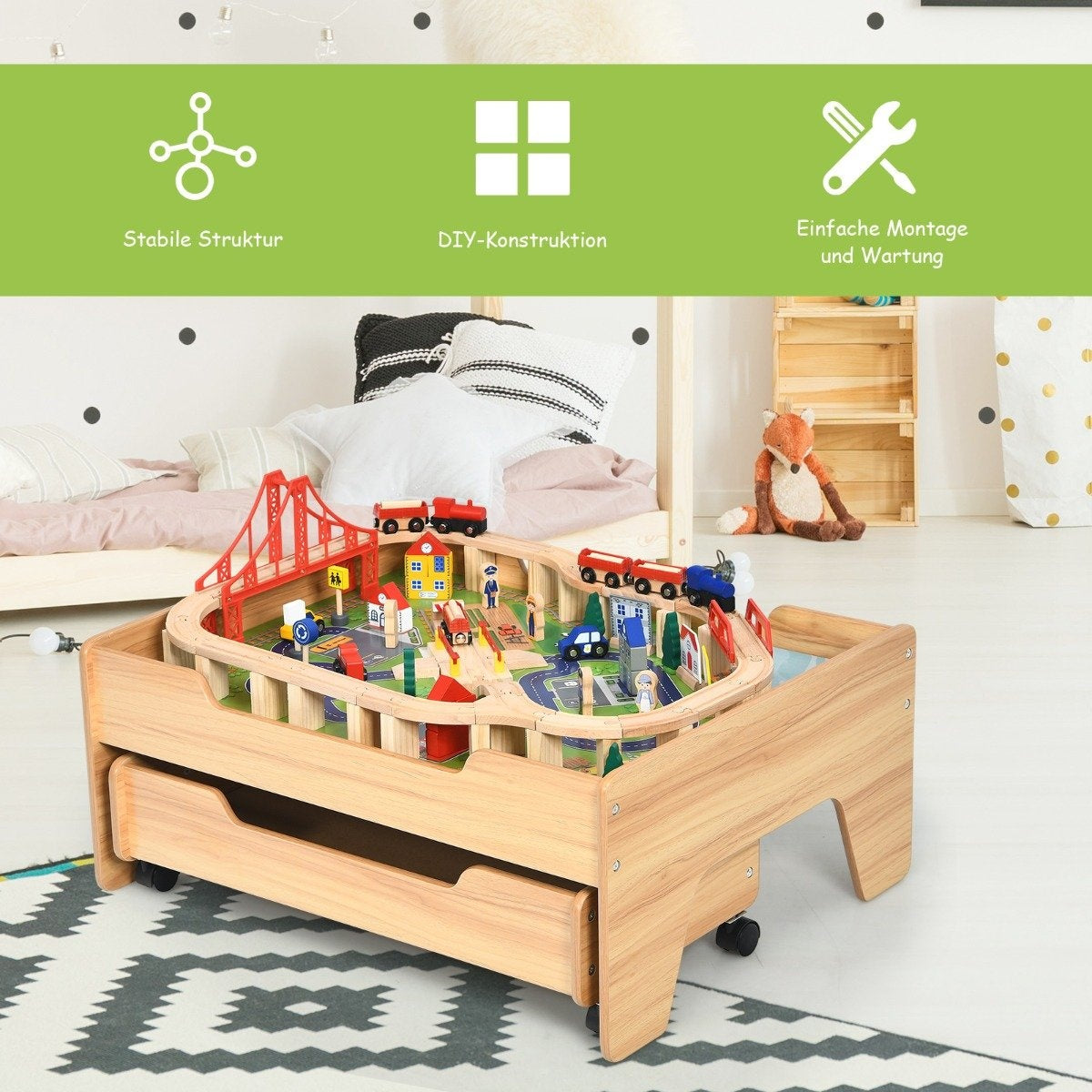 Wooden children's railway train wooden train set activity table with drawer 78 x 63 x 33 cm natural