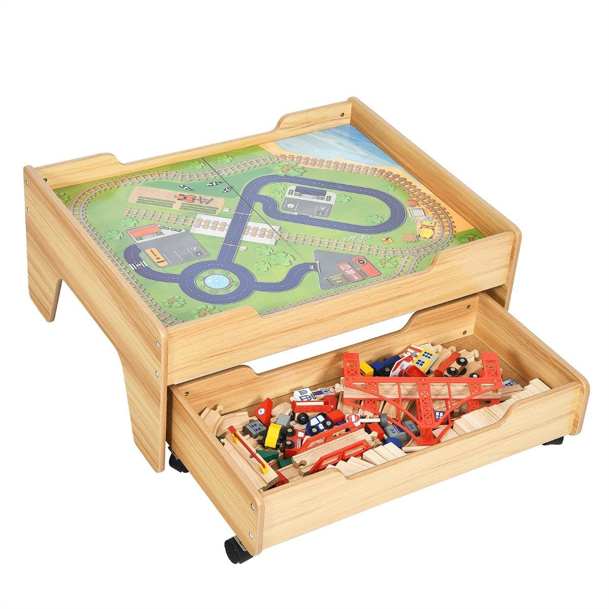 Wooden children's railway train wooden train set activity table with drawer 78 x 63 x 33 cm natural