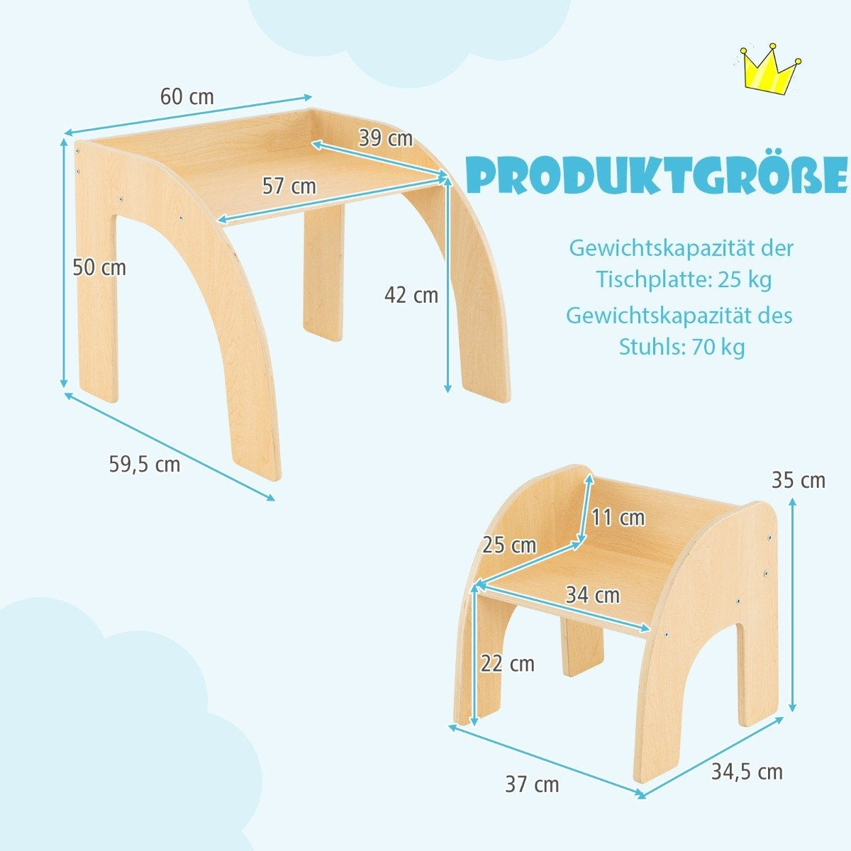 Wooden children's table with chair children's painting table with rounded edges children's seating group natural