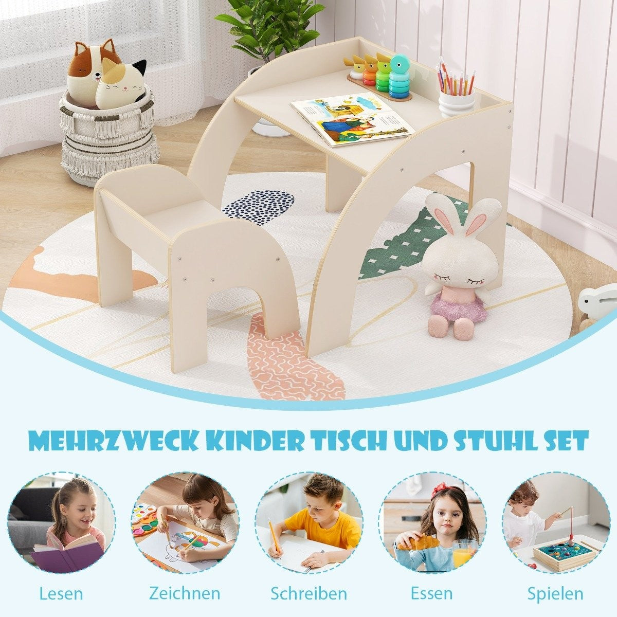 Wooden children's table with chair children's painting table with rounded edges children's seating group white