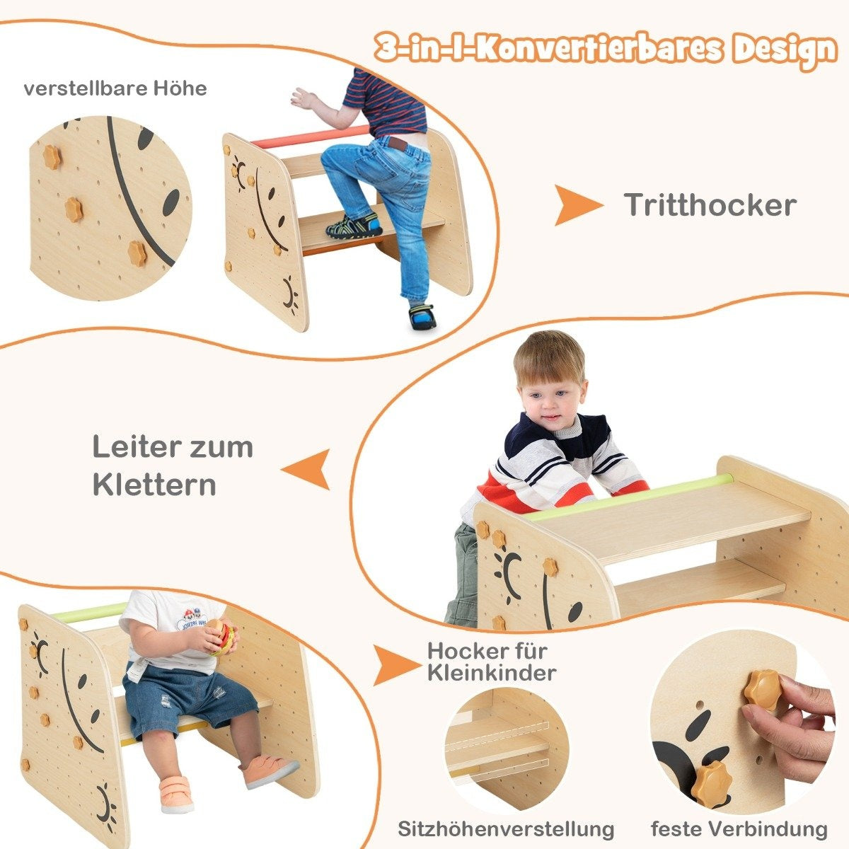 Wooden climber set with reversible ramp & seesaw & climbing ladder & smiley face patterns climbing toy