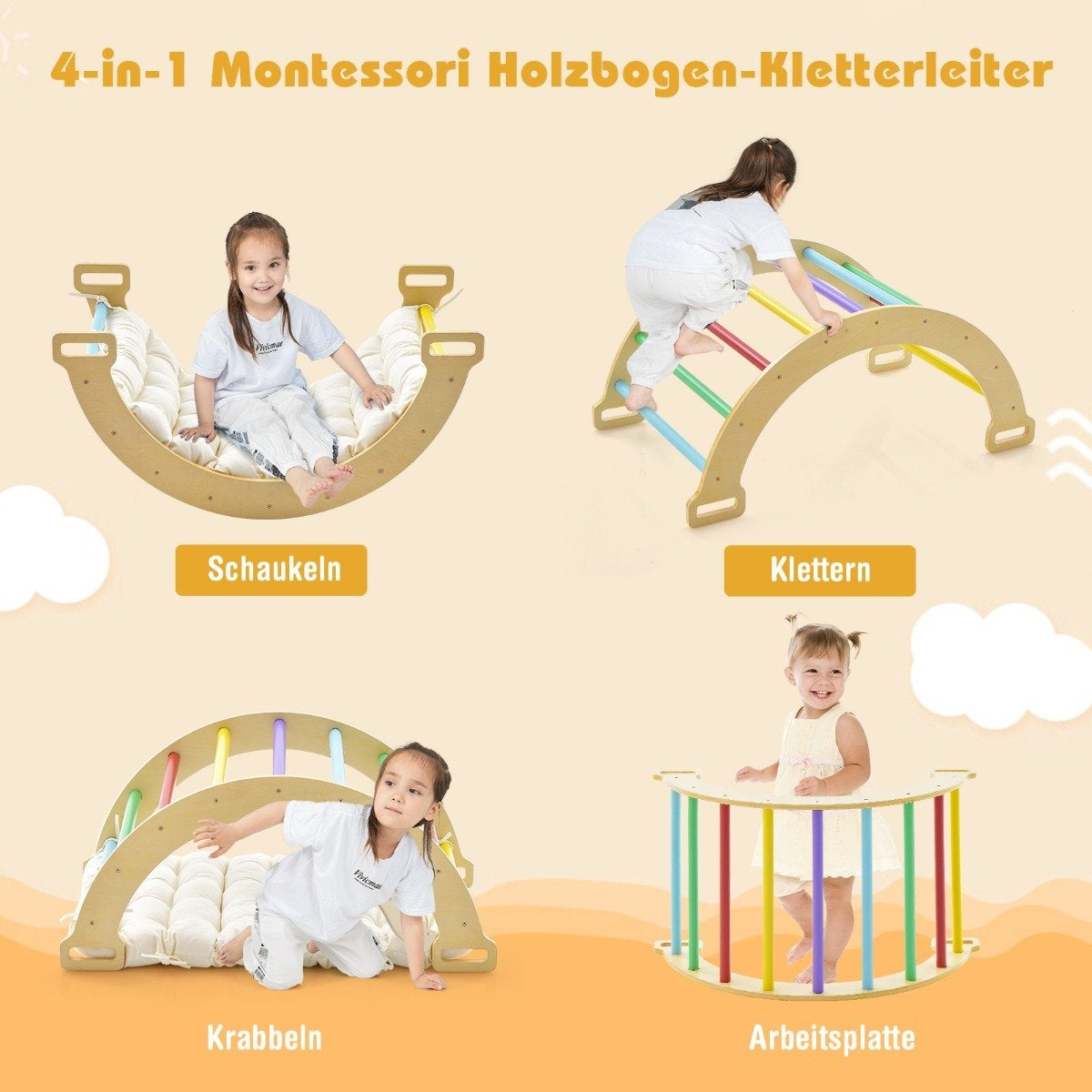 Wooden climbing arch with soft cushion for rocking, climbing and crawling, climbing frame, colorful
