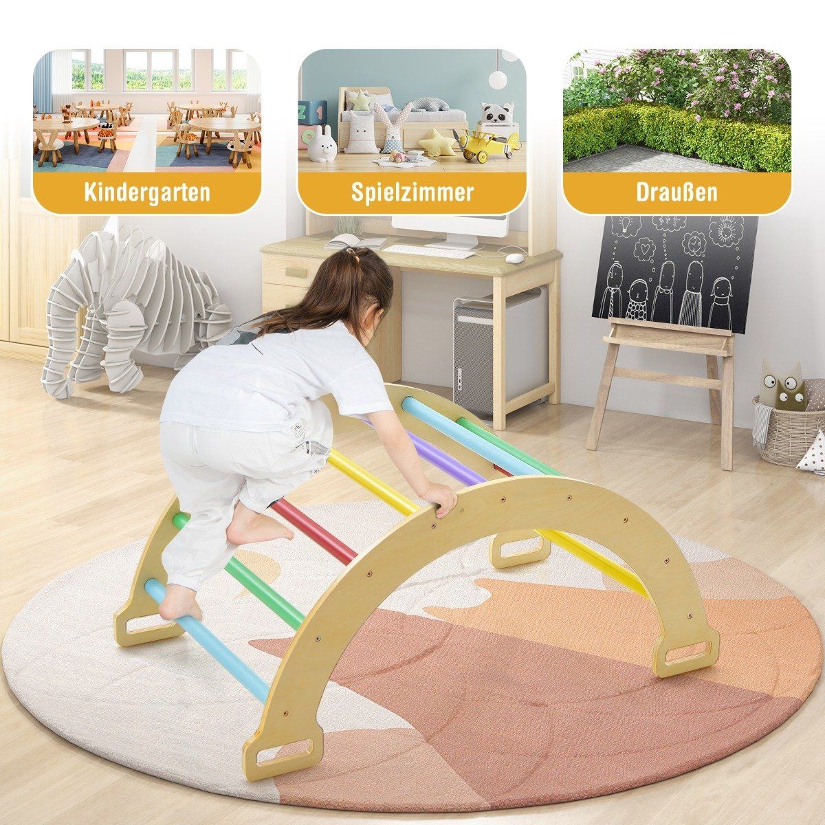 Wooden climbing arch with soft cushion for rocking, climbing and crawling, climbing frame, colorful