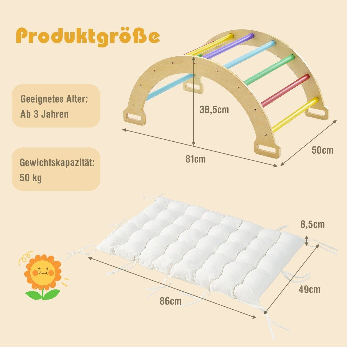 Wooden climbing arch with soft cushion for rocking, climbing and crawling, climbing frame, colorful