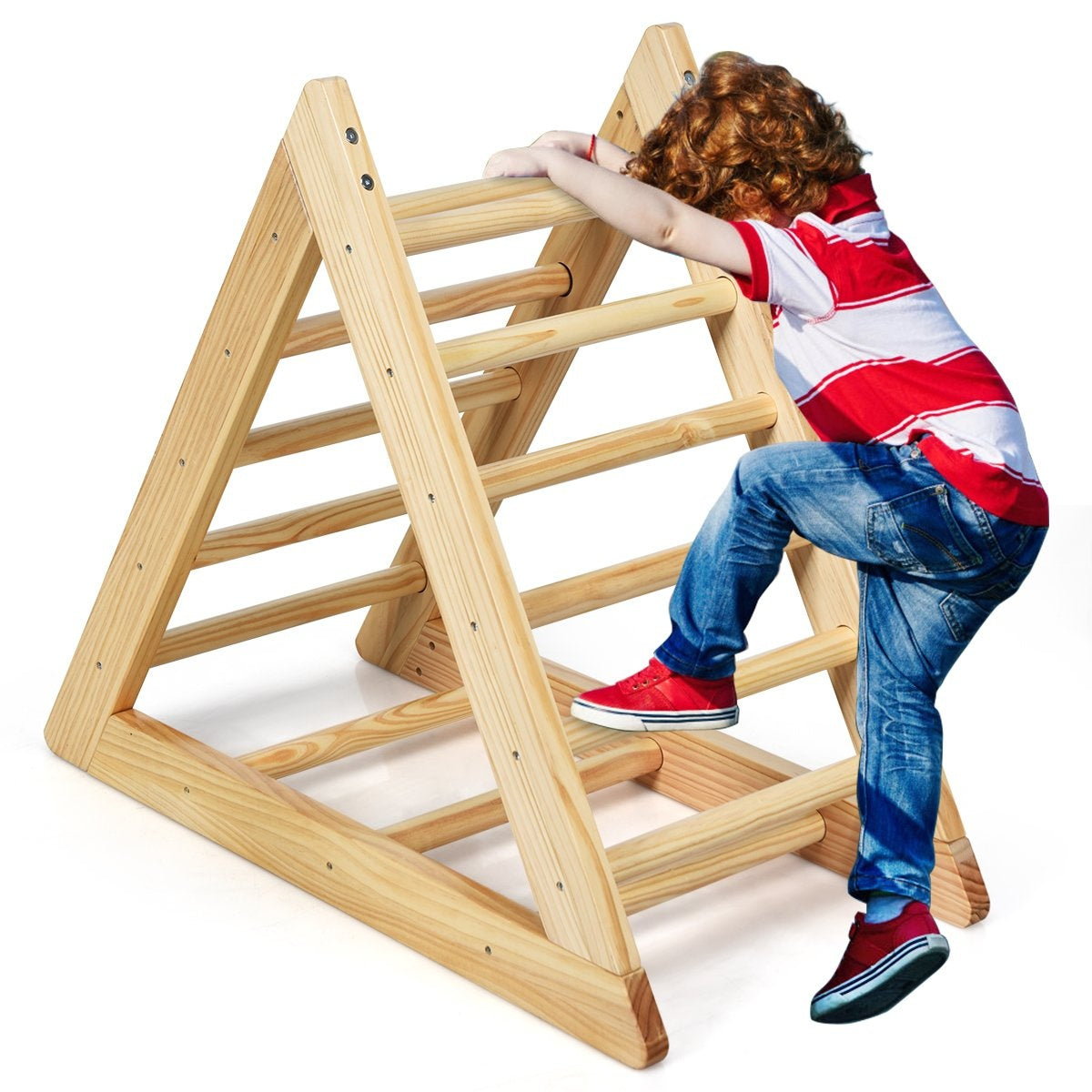 Wooden climbing triangle climbing frame for children aged 3 and over to develop motor skills made of natural pine 93x46x81cm