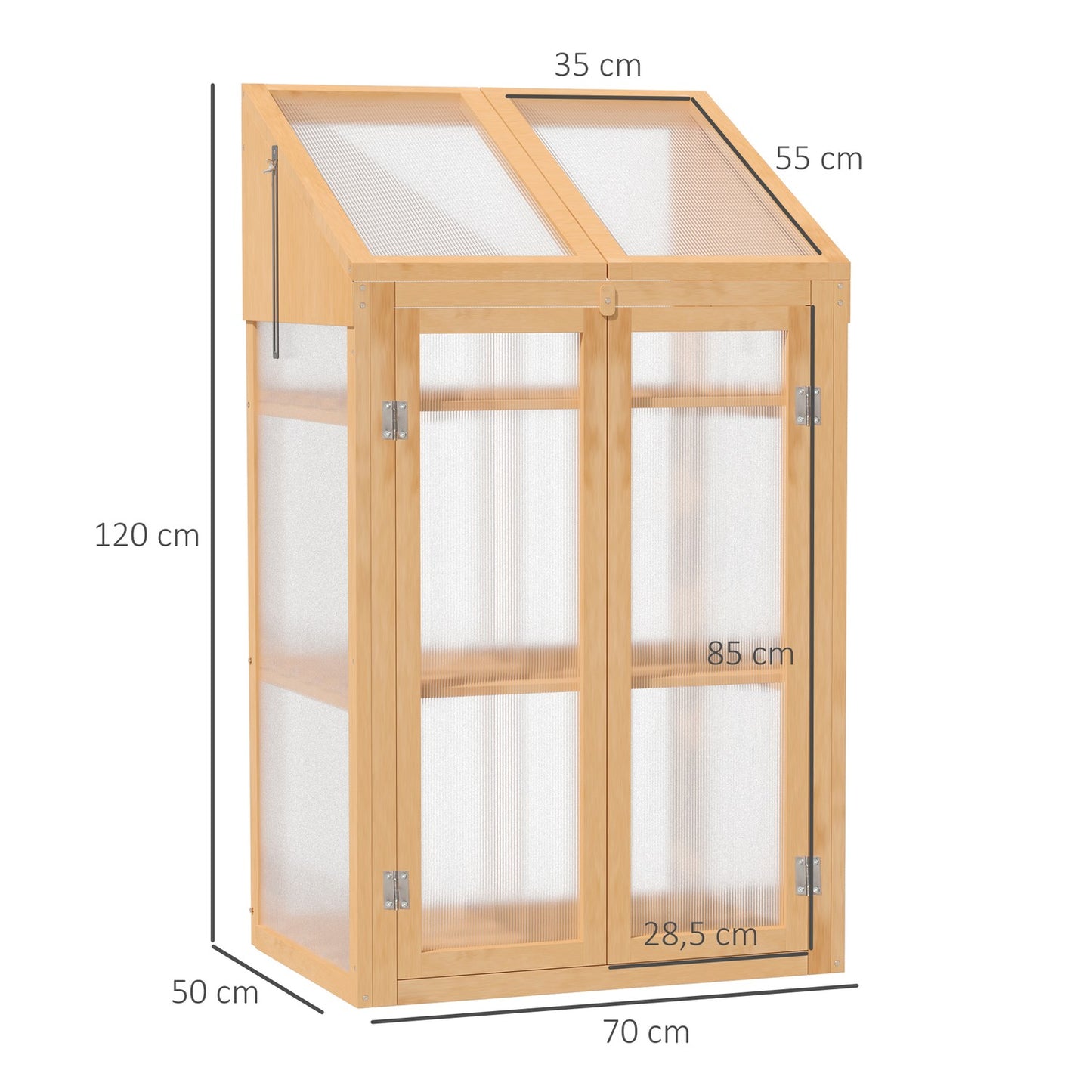 Mini wooden greenhouse with shelves, double door, 70x50x120 cm