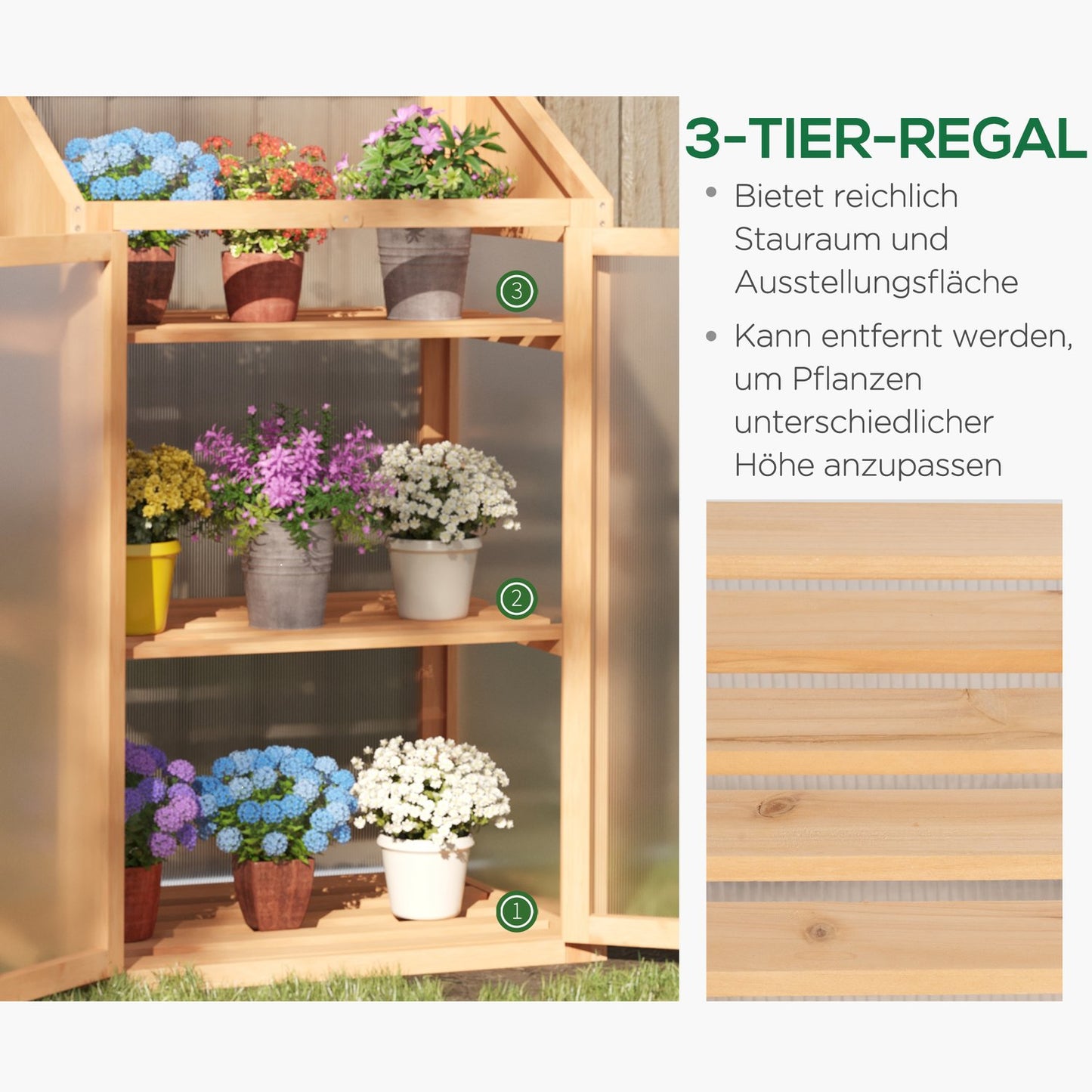 Mini wooden greenhouse with shelves, double door, 70x50x120 cm