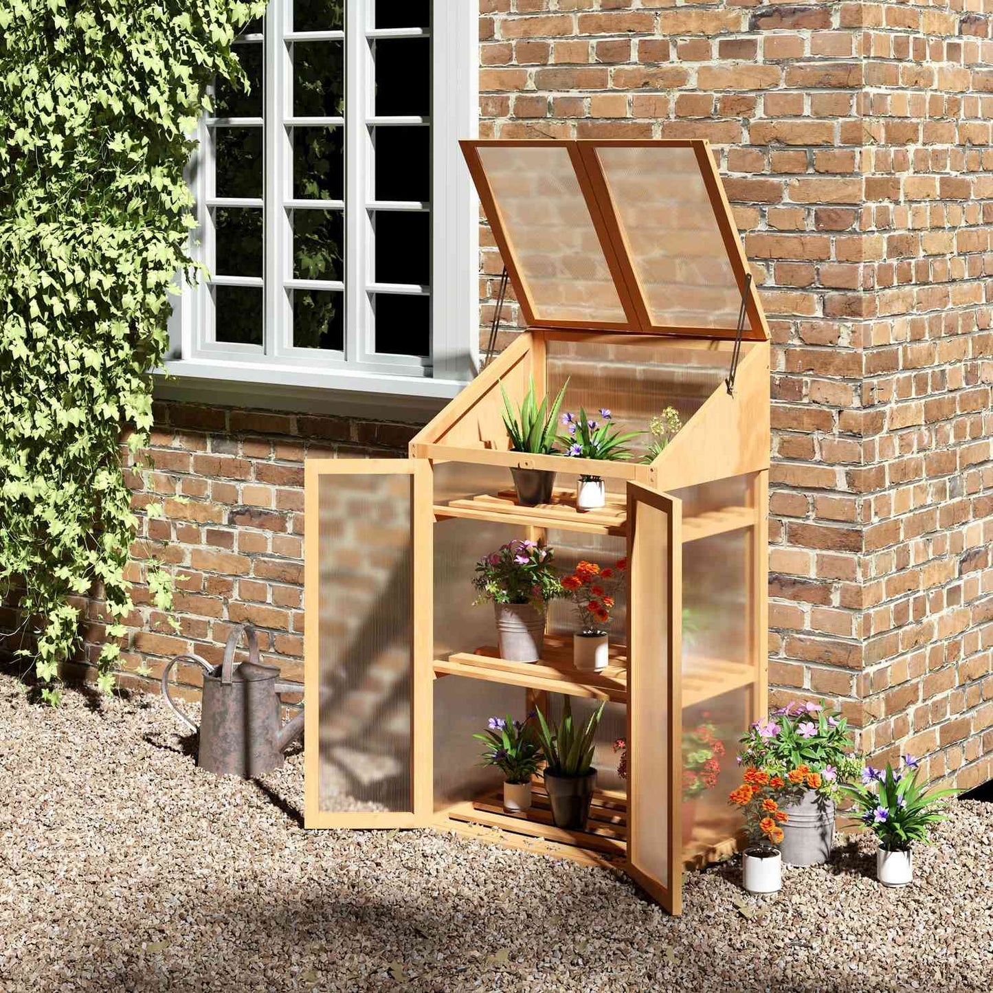 Mini wooden greenhouse with shelves, double door, 70x50x120 cm