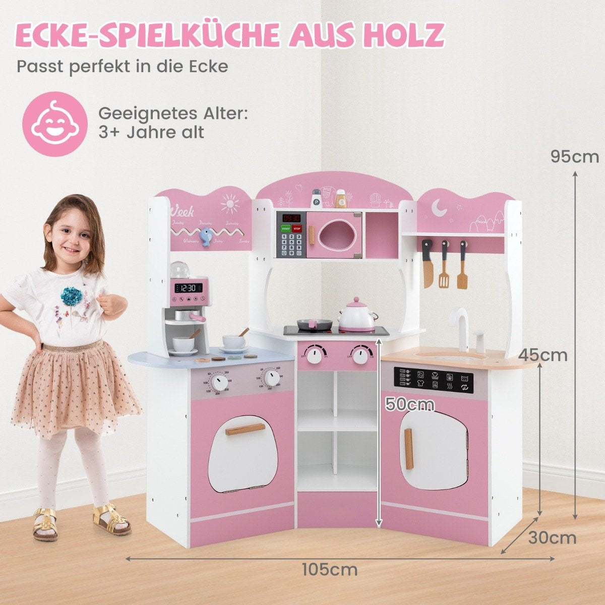 Wooden corner play kitchen with sound &amp; Light &amp; Coffee machine &amp; Slide Toddler Kitchen Playset Pink