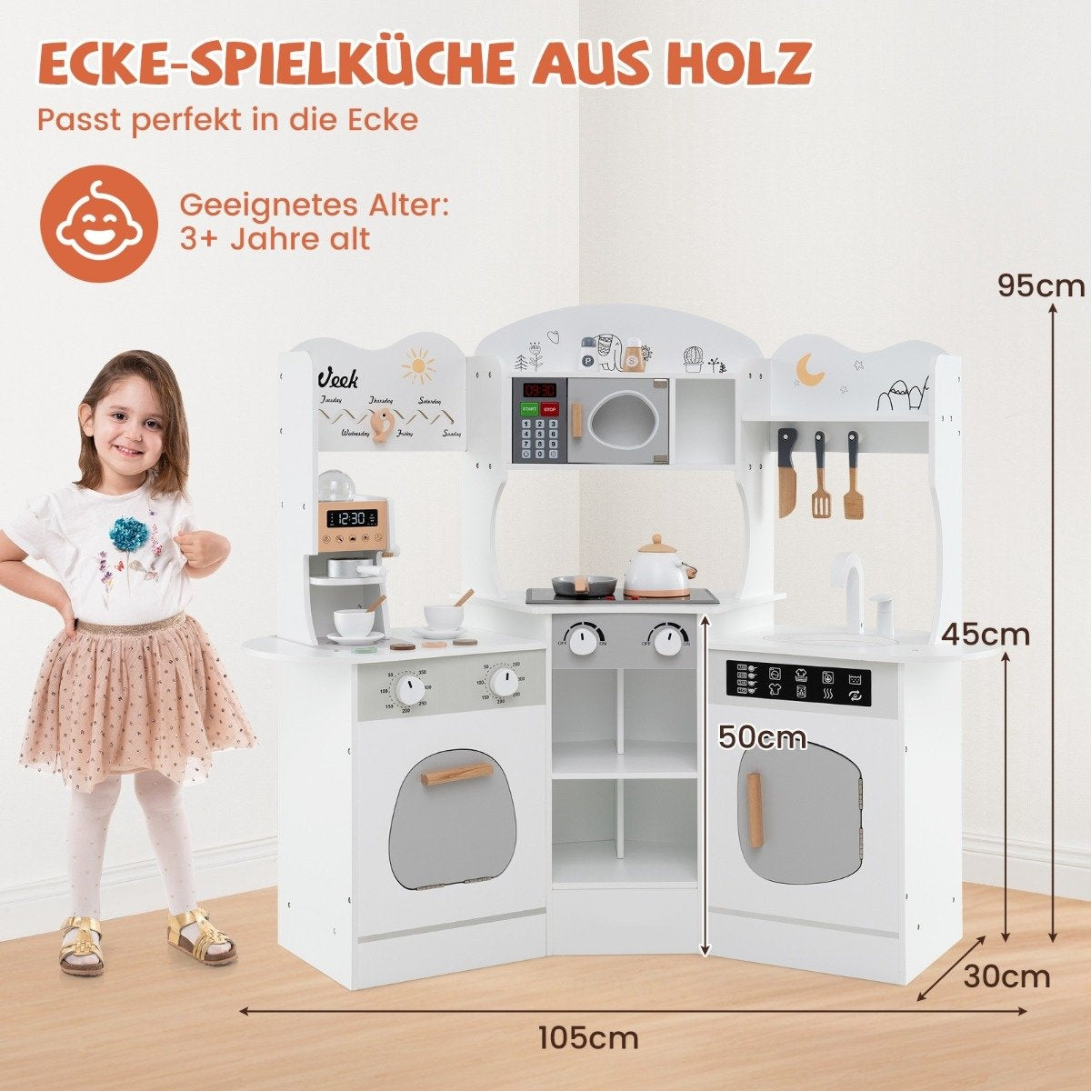 Wooden corner play kitchen with sound &amp; Light &amp; Coffee machine &amp; Slide Toddler Kitchen Playset White
