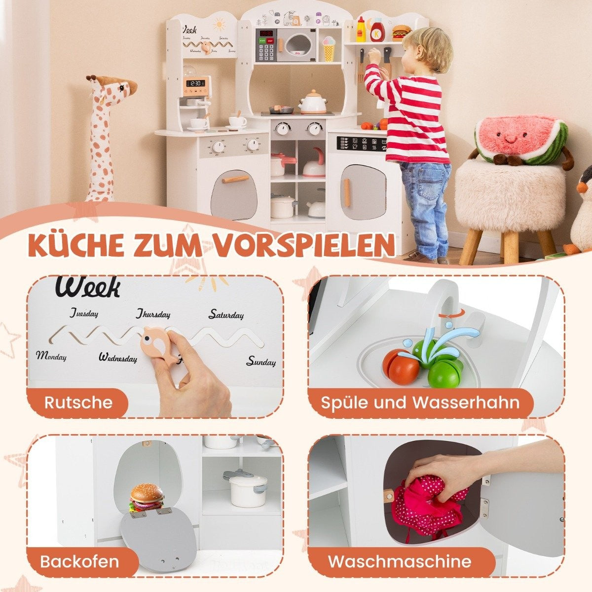 Wooden corner play kitchen with sound &amp; Light &amp; Coffee machine &amp; Slide Toddler Kitchen Playset White