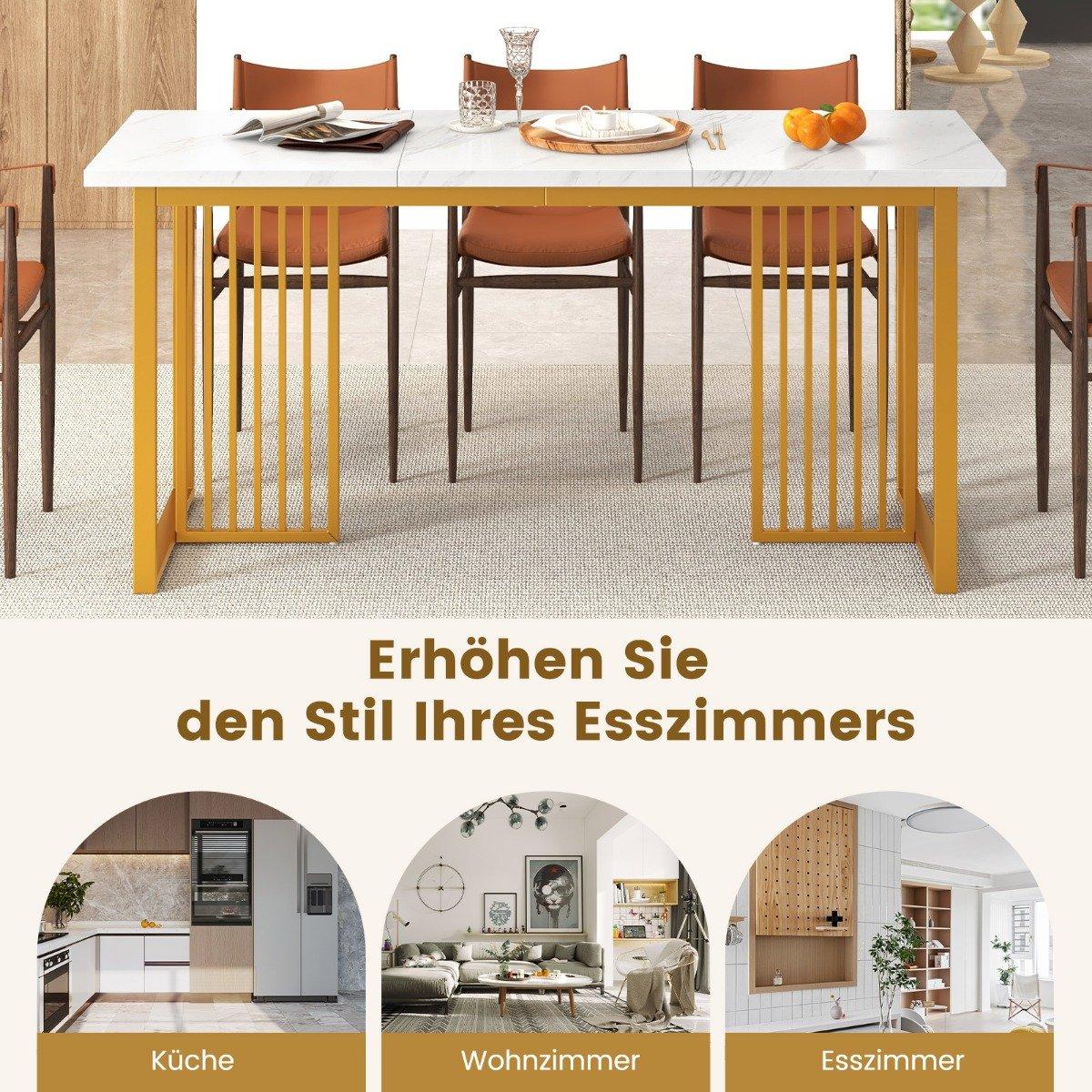 Wooden dining room table 160 x 60 cm rectangular kitchen table with marble look and metal legs white + gold