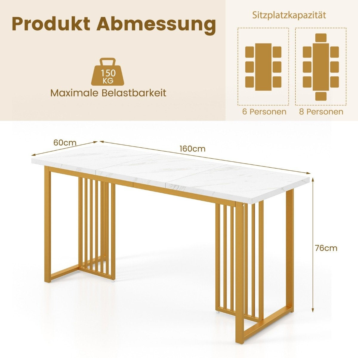Wooden dining room table 160 x 60 cm rectangular kitchen table with marble look and metal legs white + gold