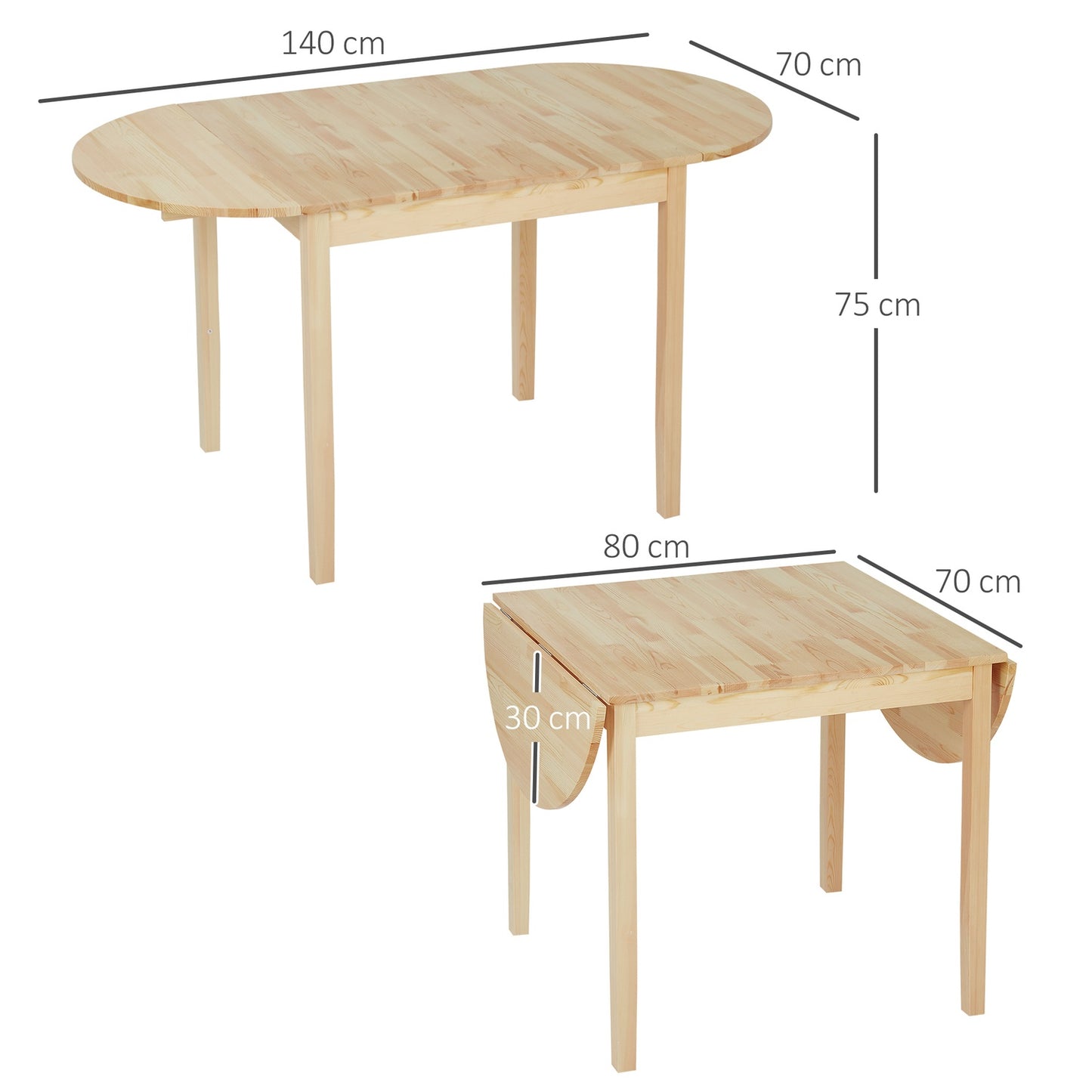 Foldable Pine Wood Dining Table, Drop-Leaf, Seats 4-6