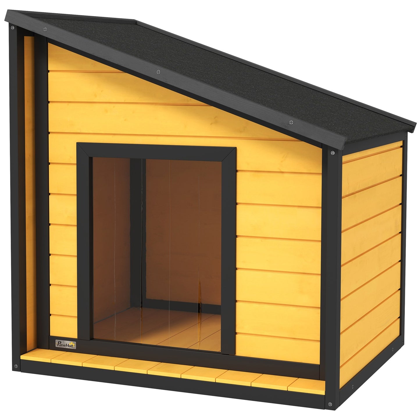 Outdoor weatherproof wooden dog house with roof and curtain
