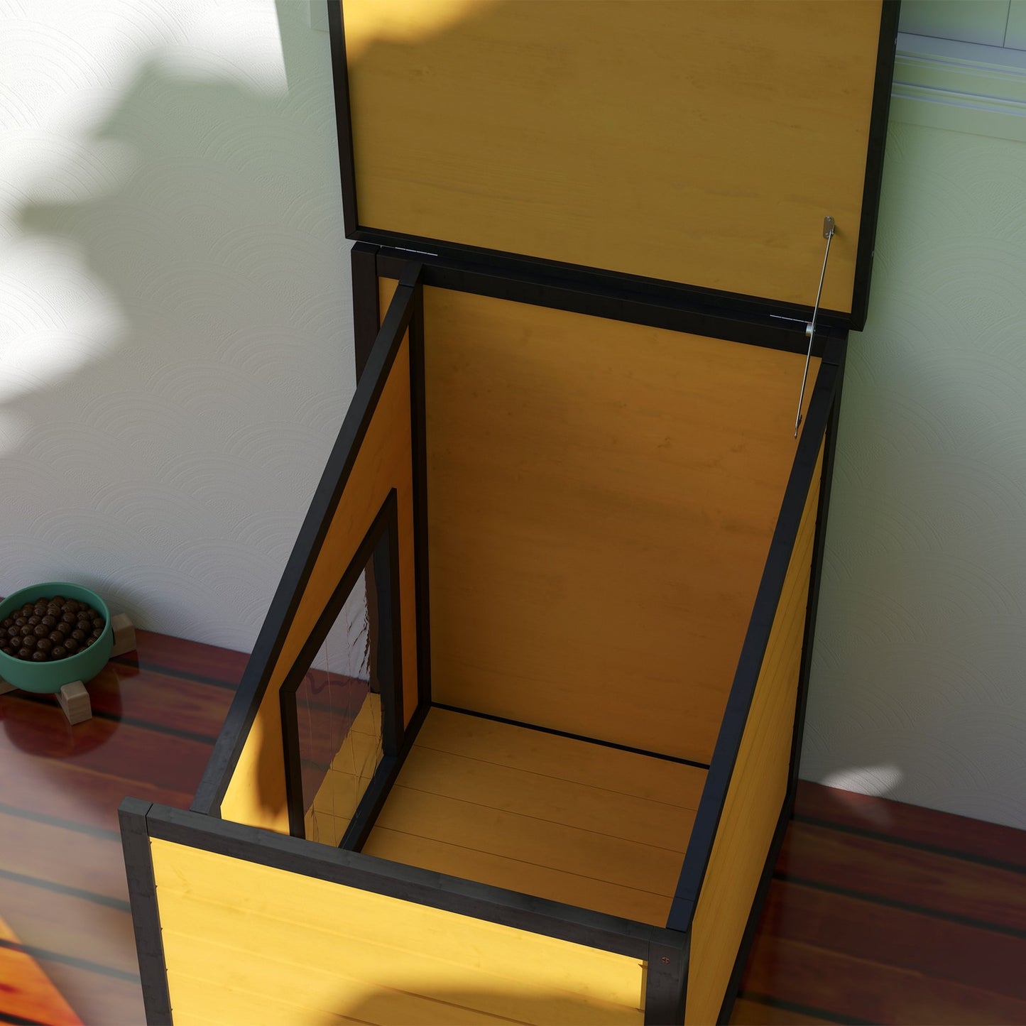 Outdoor weatherproof wooden dog house with roof and curtain