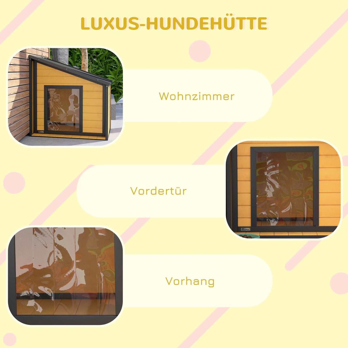 Outdoor weatherproof wooden dog house with roof and curtain