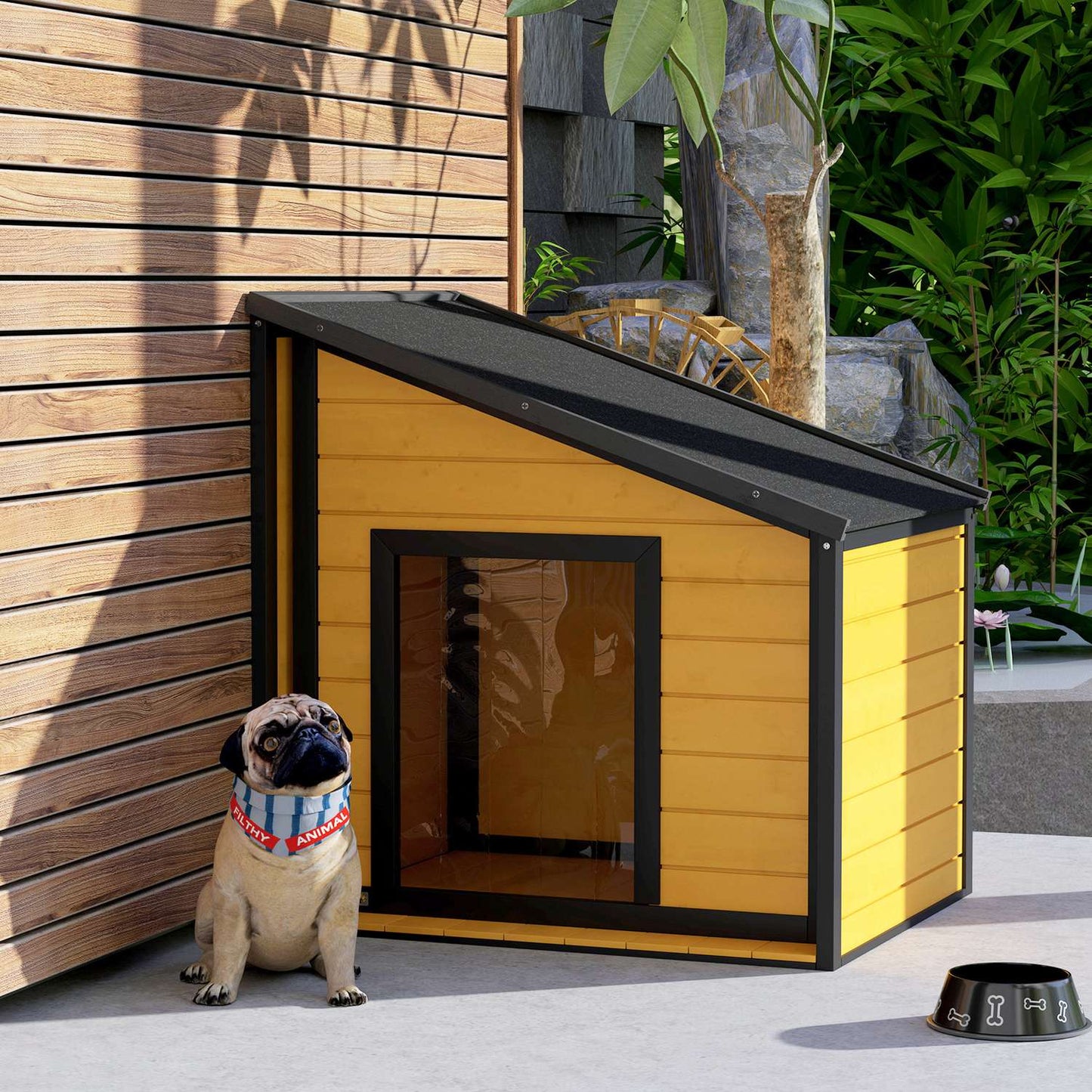 Outdoor weatherproof wooden dog house with roof and curtain
