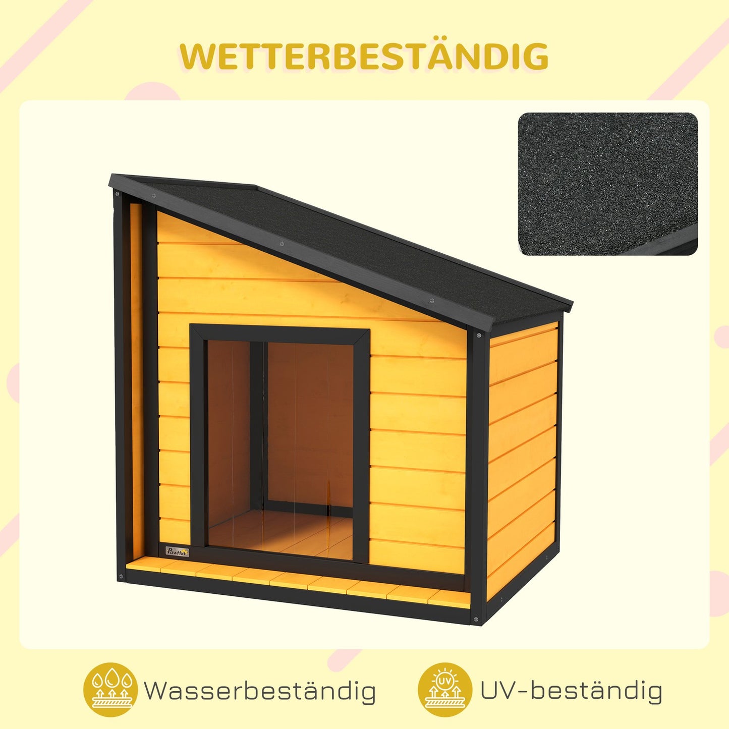 Outdoor weatherproof wooden dog house with roof and curtain