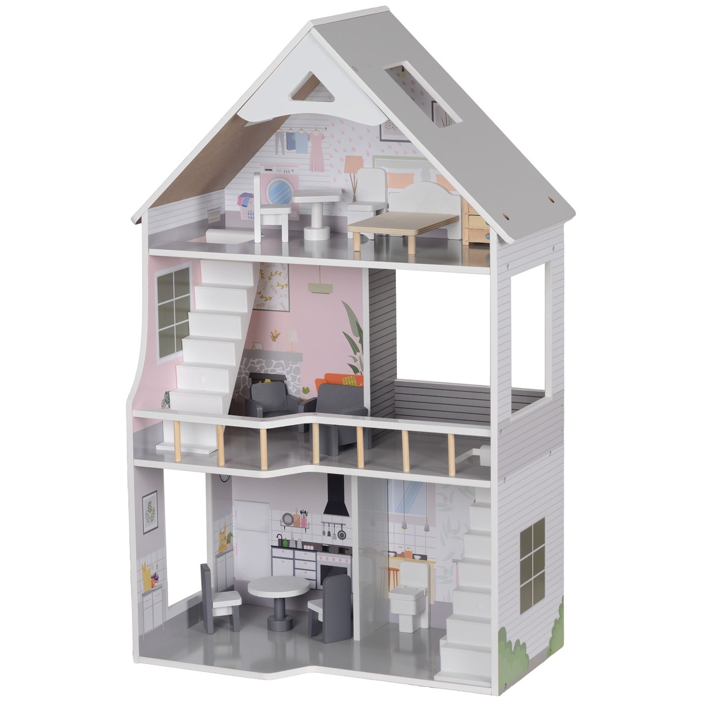 Wooden dollhouse with furniture, 3 floors, 85.3 cm high