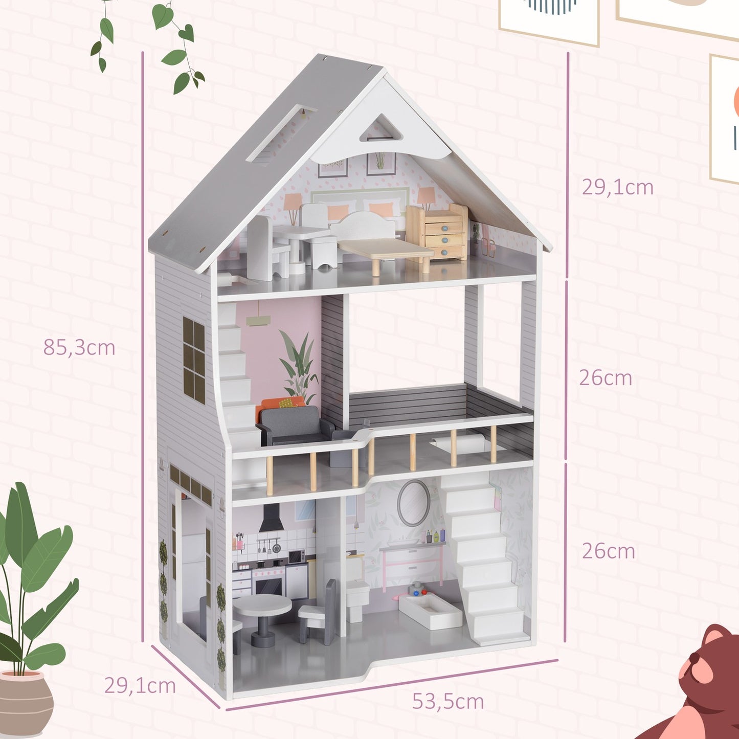 Wooden dollhouse with furniture, 3 floors, 85.3 cm high