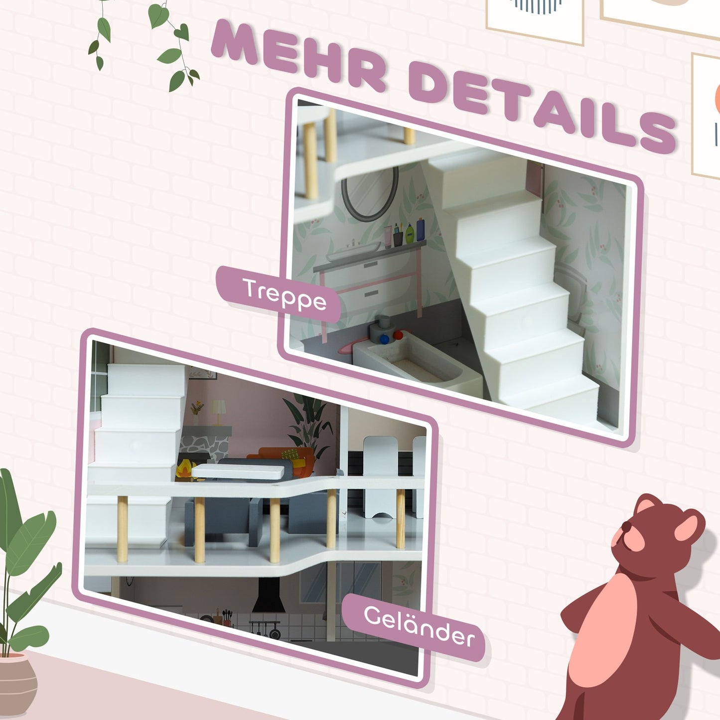 Wooden dollhouse with furniture, 3 floors, 85.3 cm high