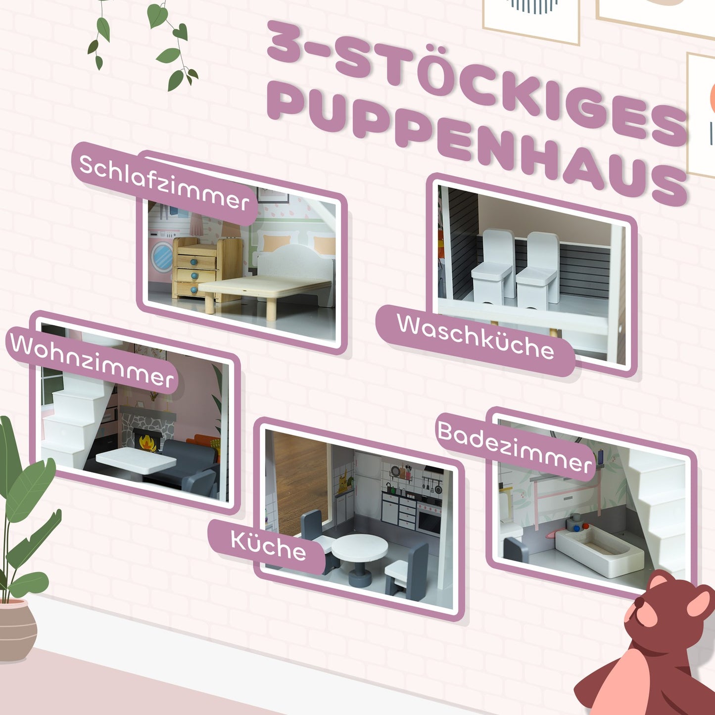Wooden dollhouse with furniture, 3 floors, 85.3 cm high
