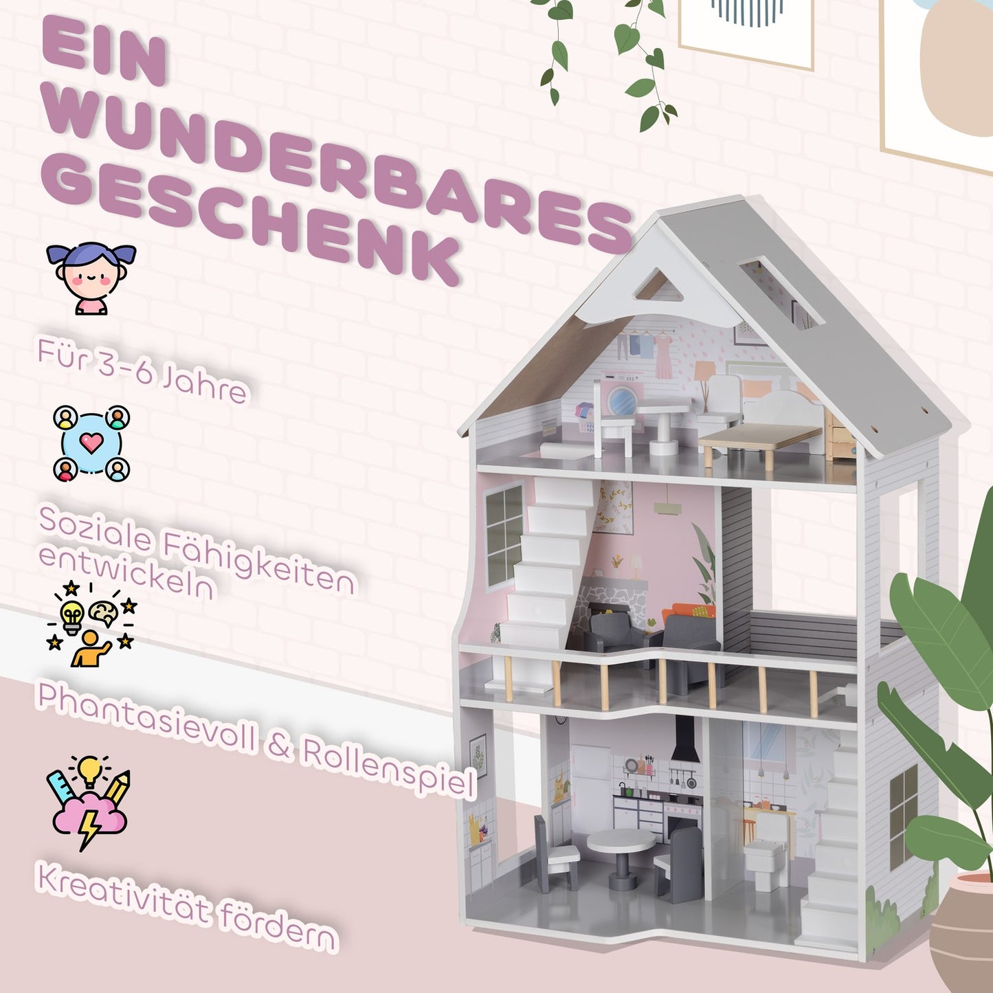 Wooden dollhouse with furniture, 3 floors, 85.3 cm high