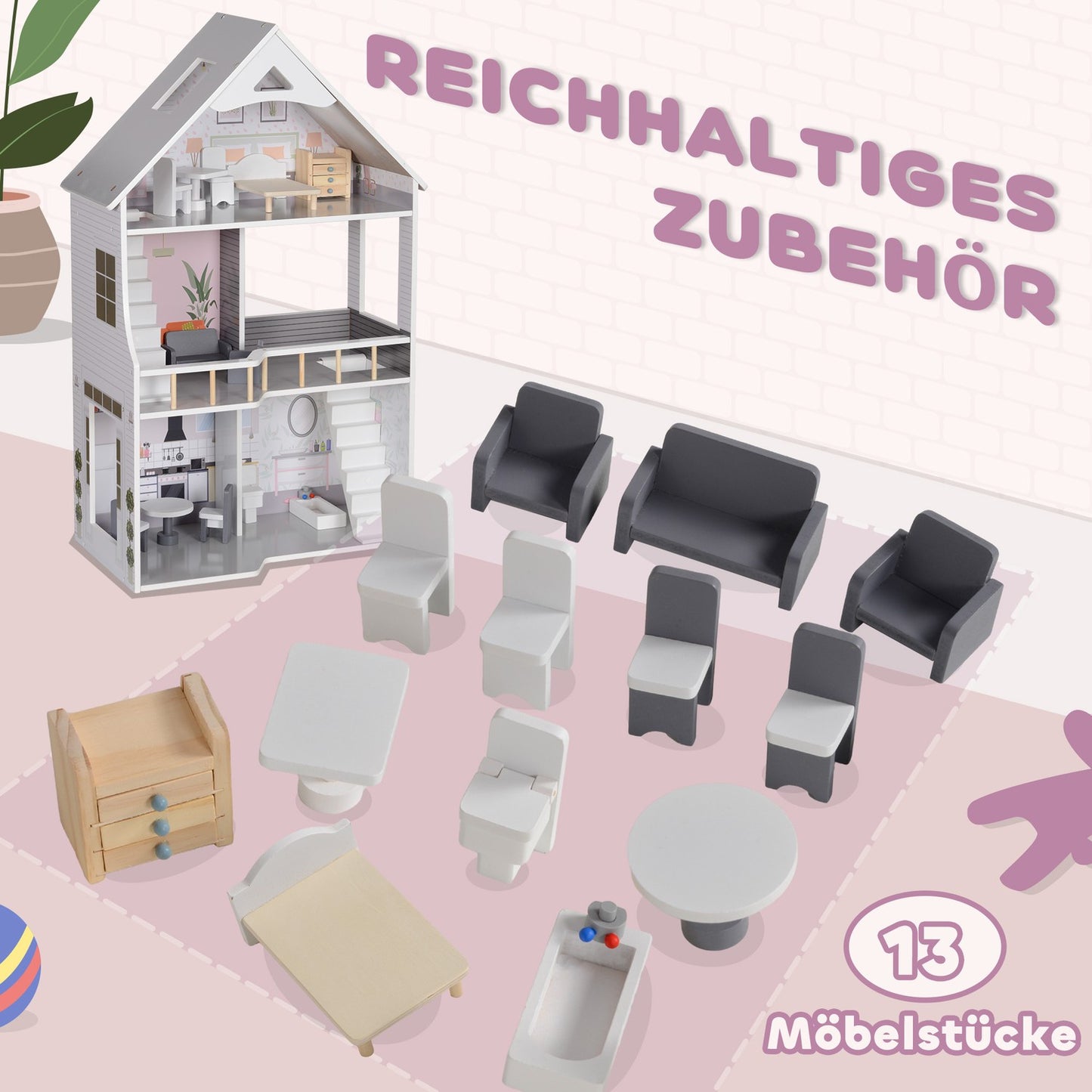 Wooden dollhouse with furniture, 3 floors, 85.3 cm high