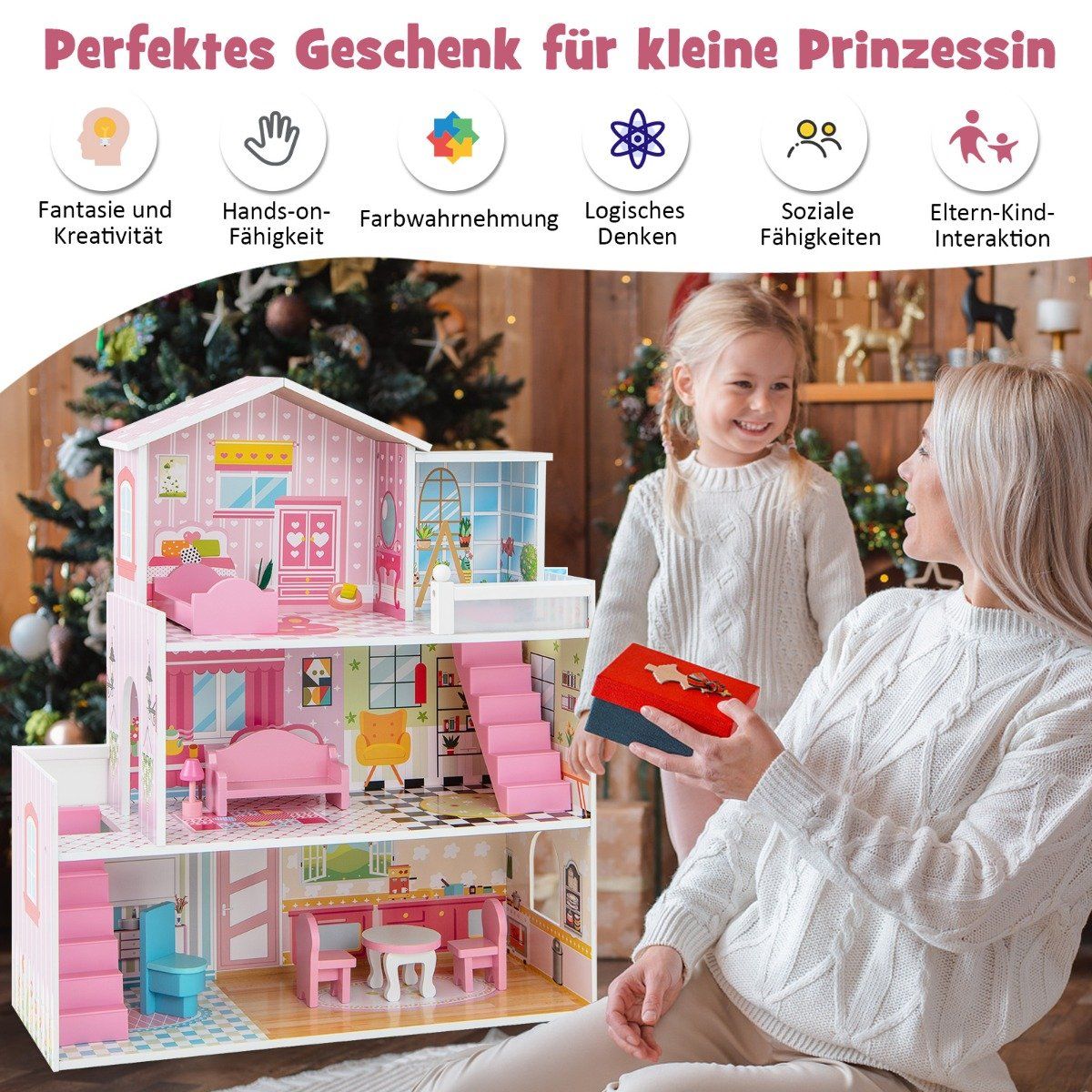 Wooden dollhouse with 3 floors & 10 furniture & 5 rooms dollhouse dream house pink