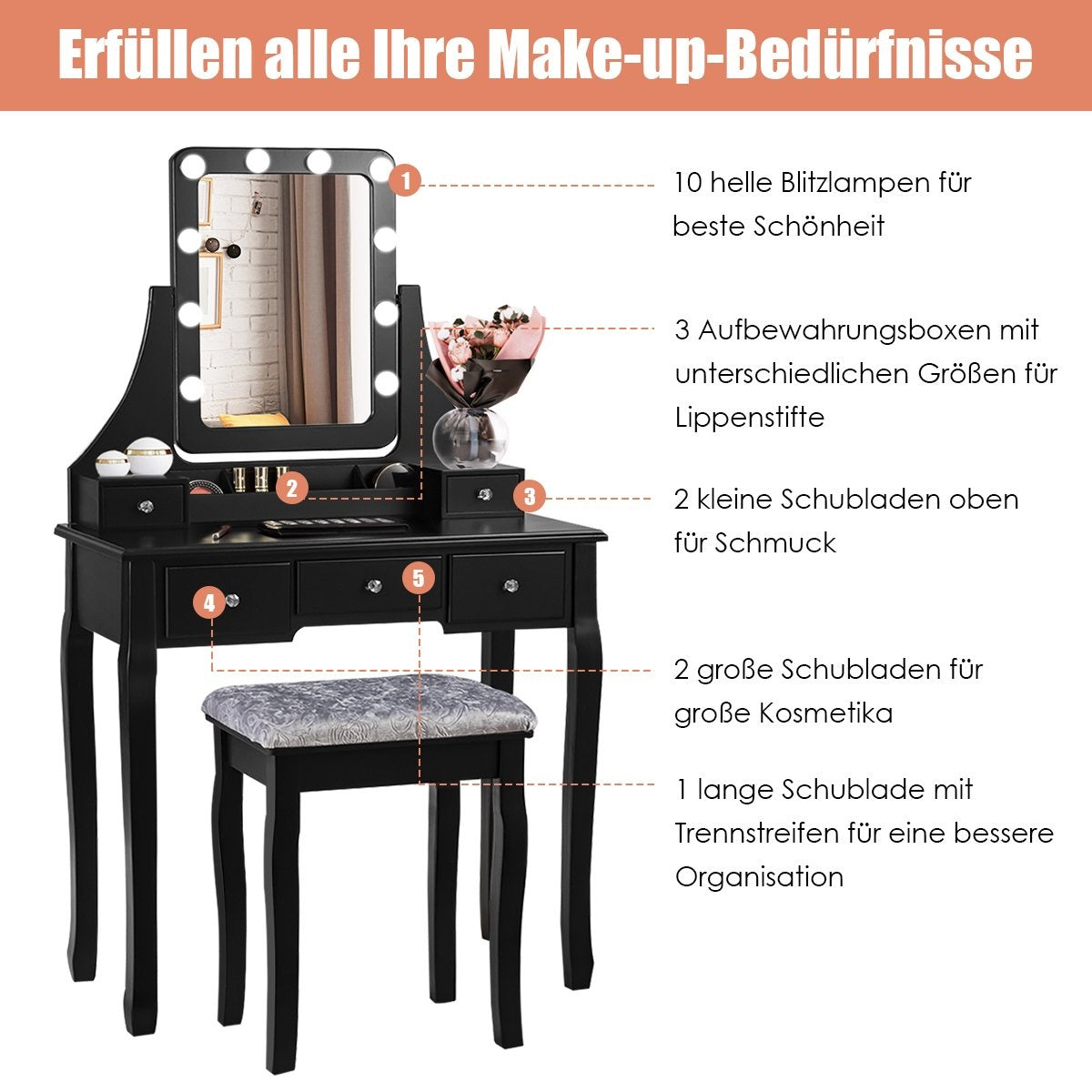 Wooden dressing table with rectangular mirror & padded stool 80 x 40 x 135.5 cm black