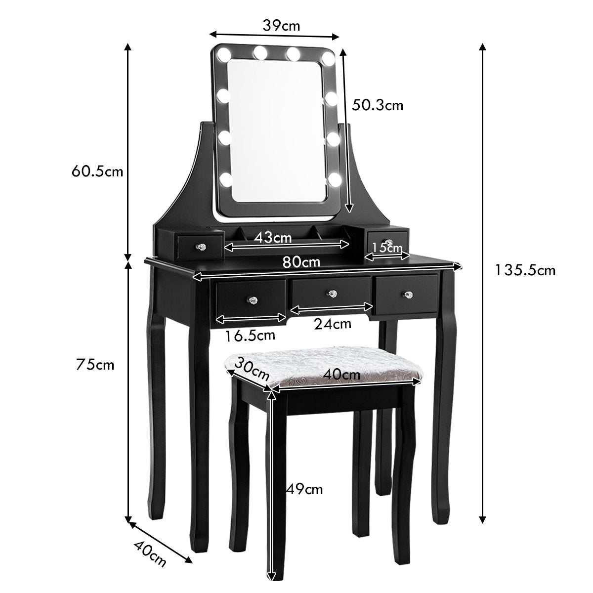 Wooden dressing table with rectangular mirror & padded stool 80 x 40 x 135.5 cm black